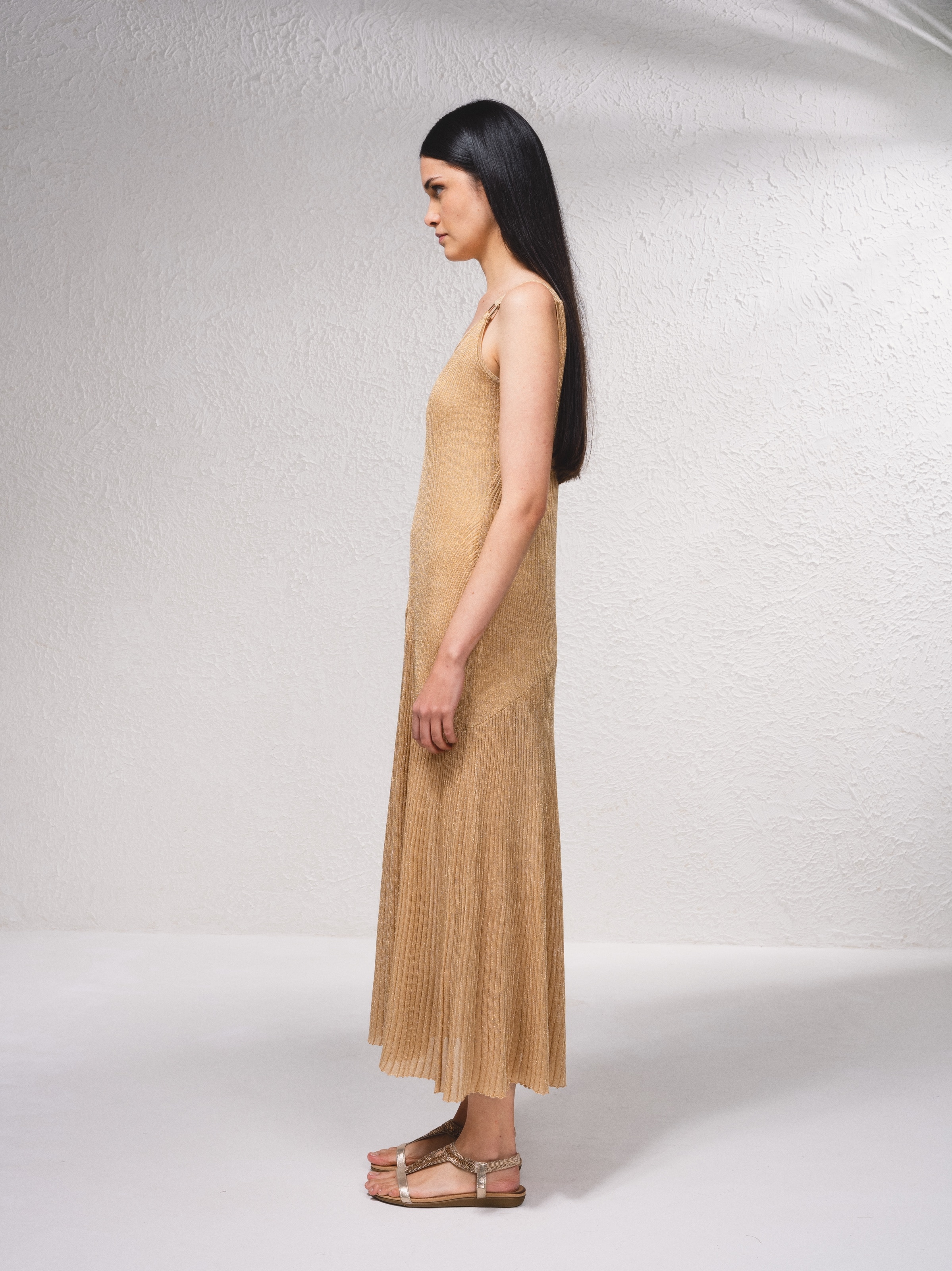 Vestido de alças em malha canelada Dourado-3