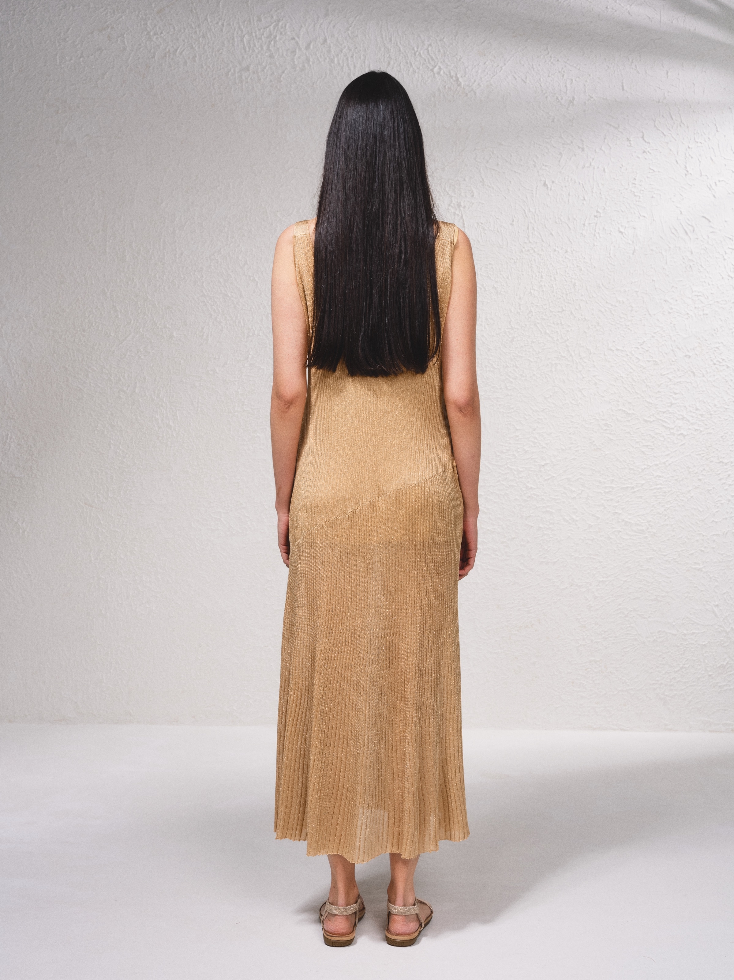 Vestido de alças em malha canelada Dourado-4