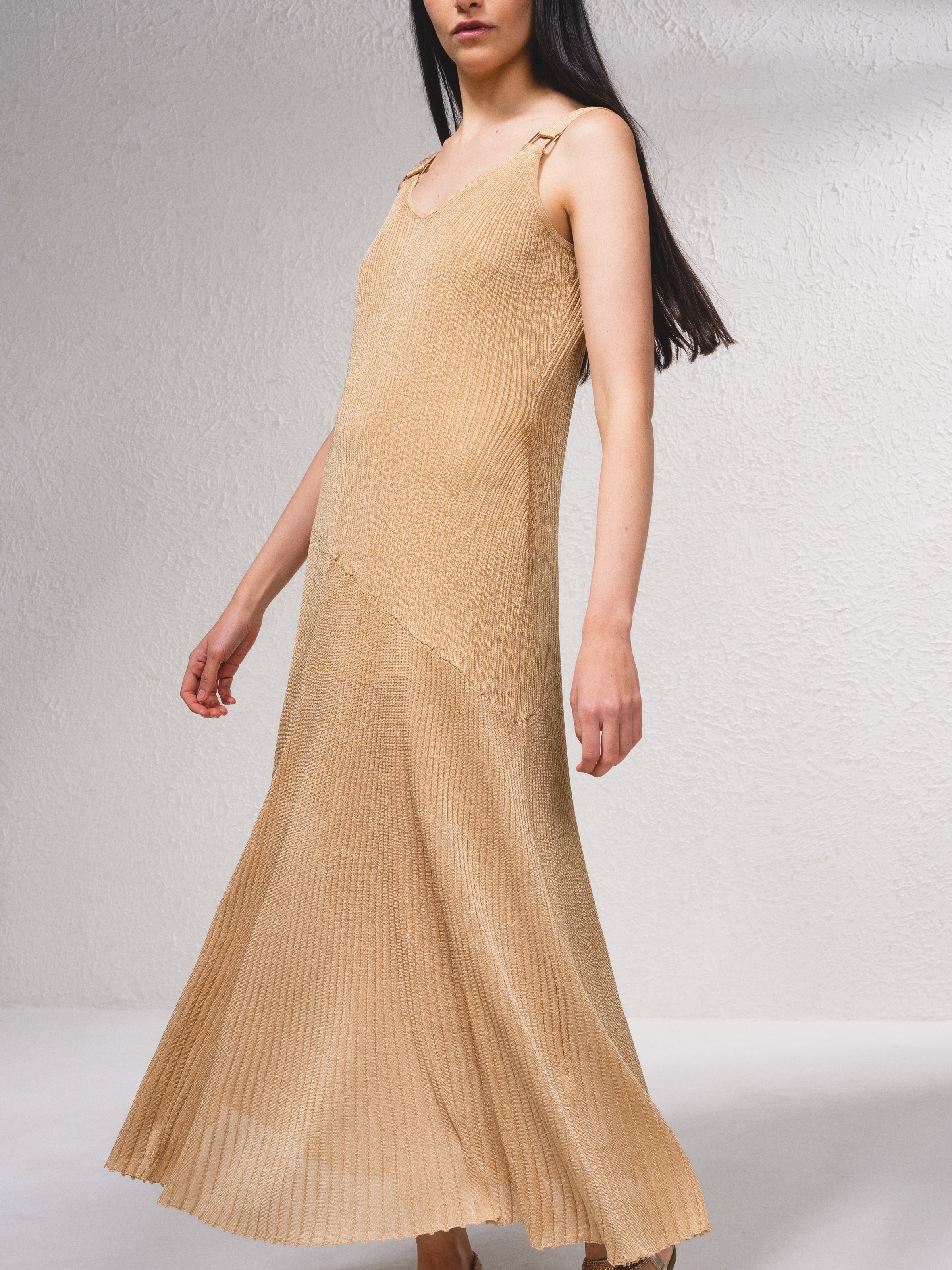 Vestido de alças em malha canelada Dourado-5