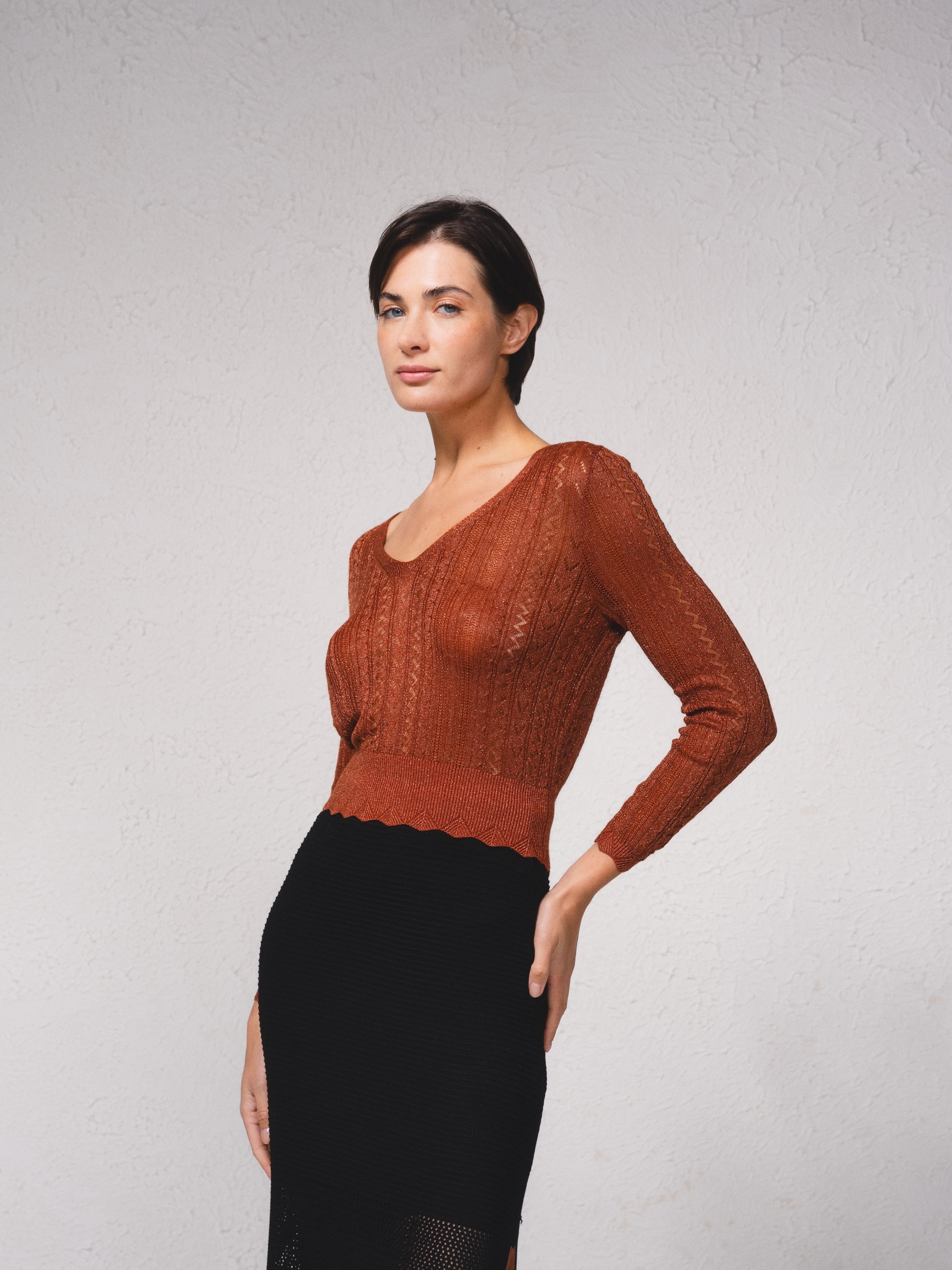 Camisola crop em croché Bege-4