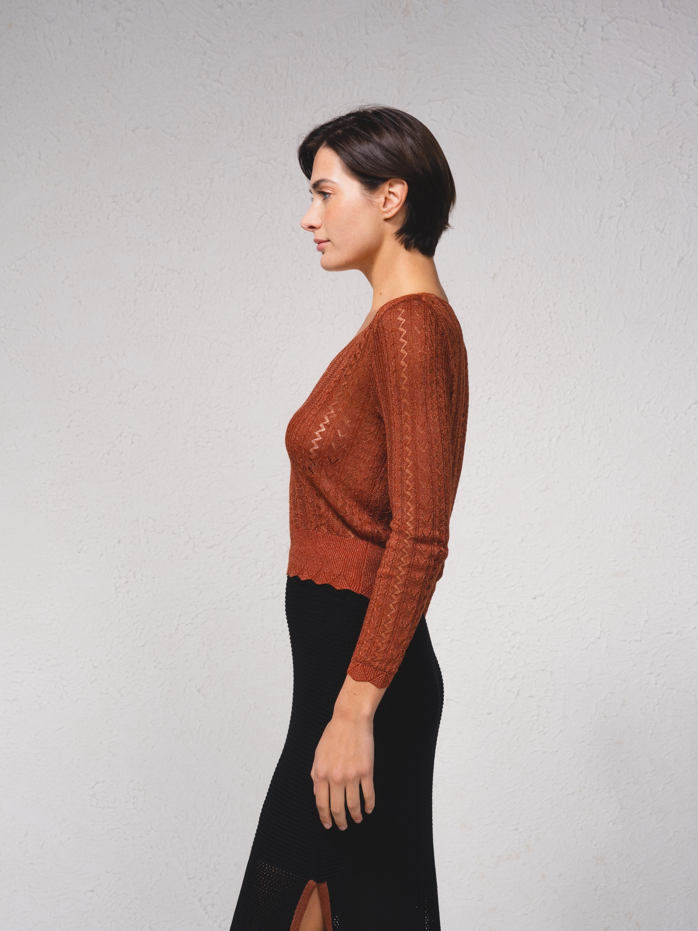 Camisola crop em croché Bege-5