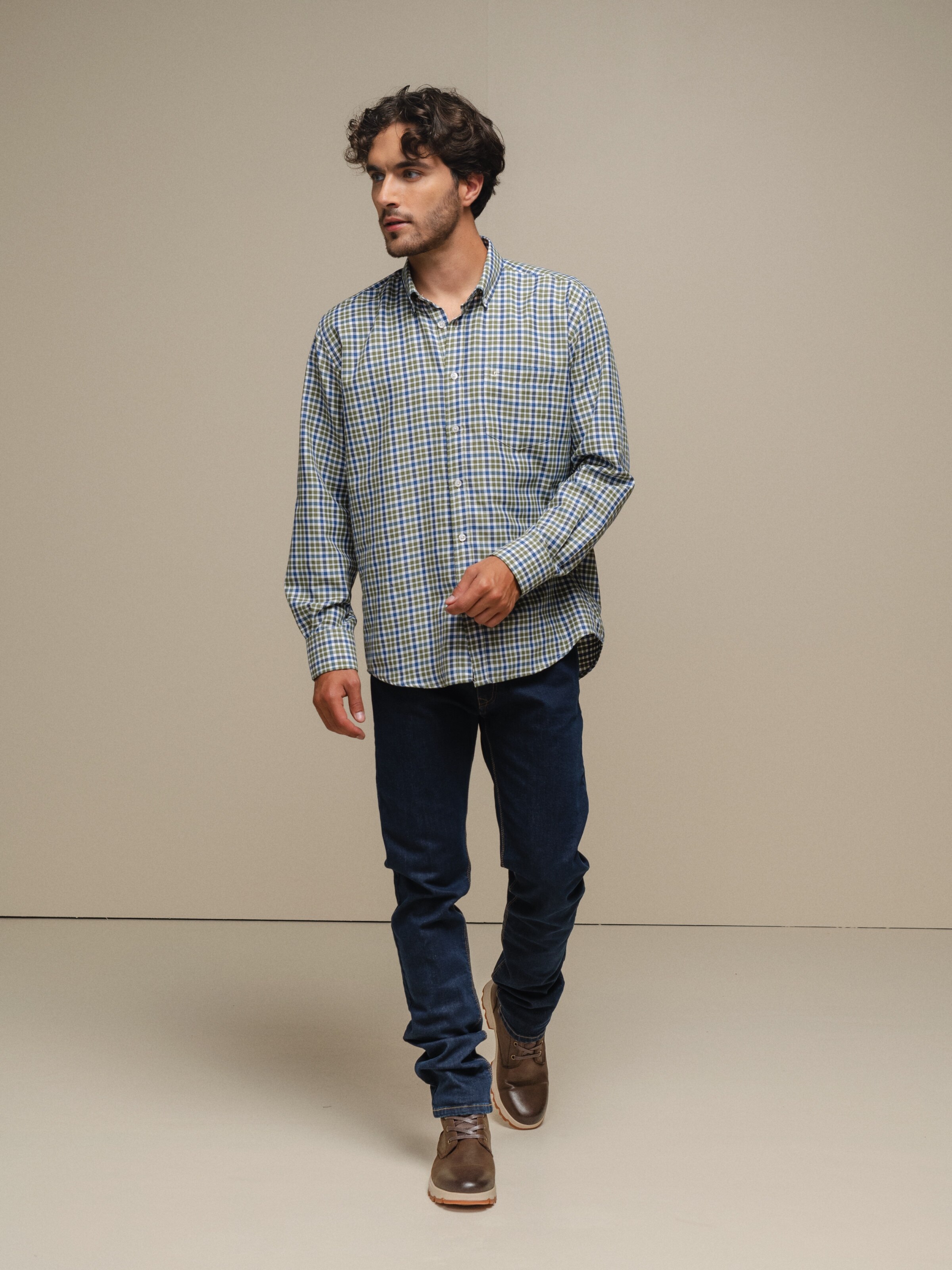 Camisa clássica xadrez Caqui-2