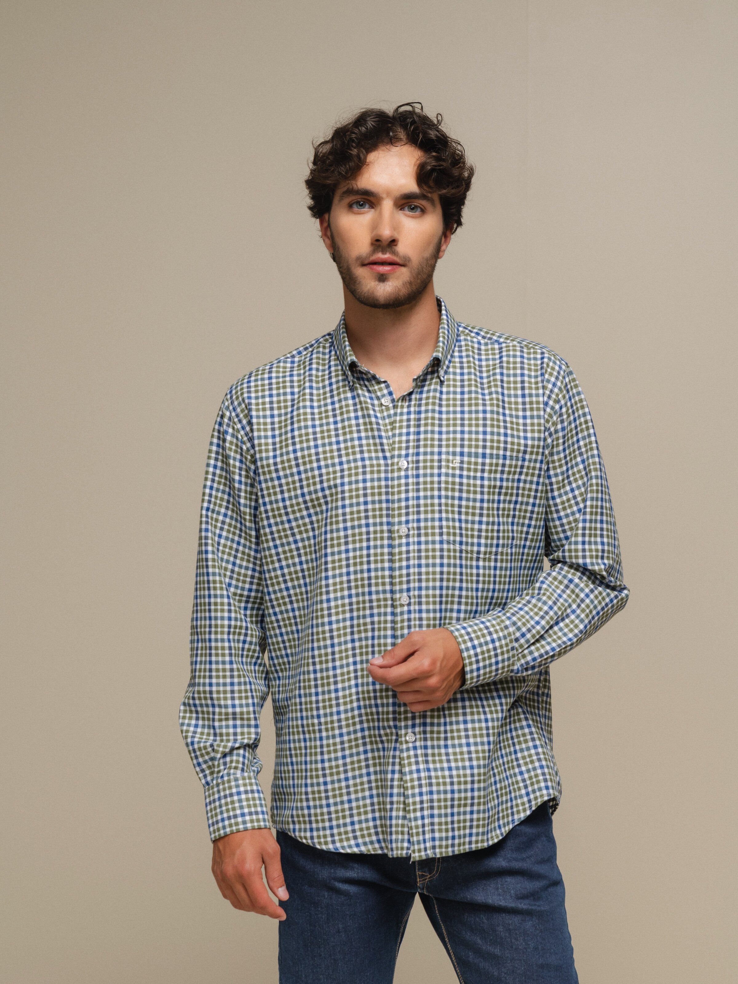 Camisa clássica xadrez Caqui-3