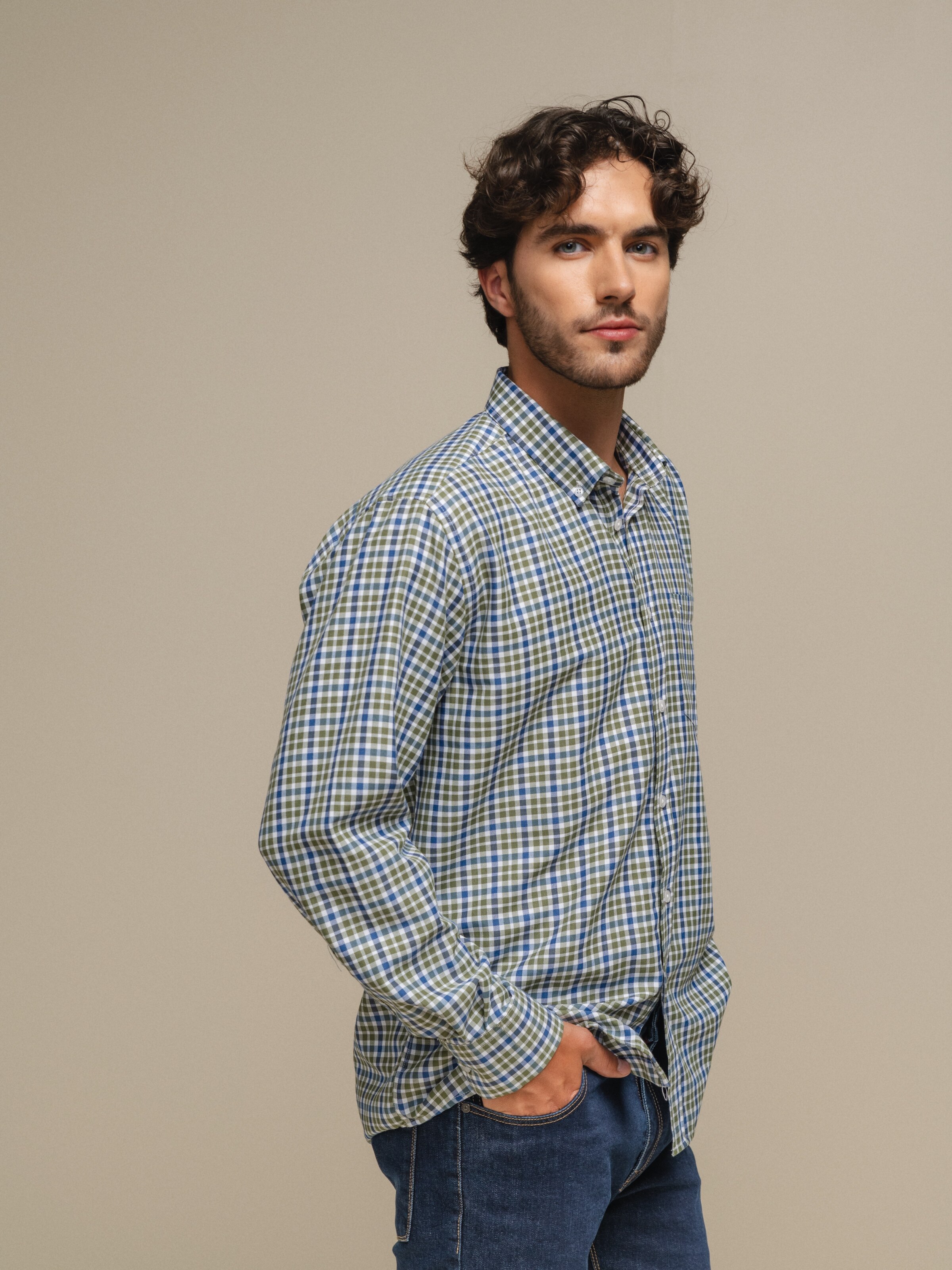 Camisa clássica xadrez Caqui-4