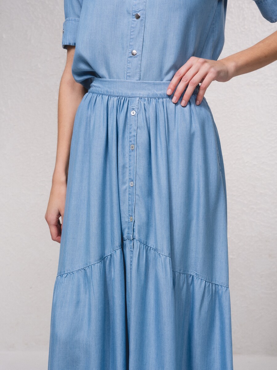 Saia midi com fecho de botões à frente Azul-6
