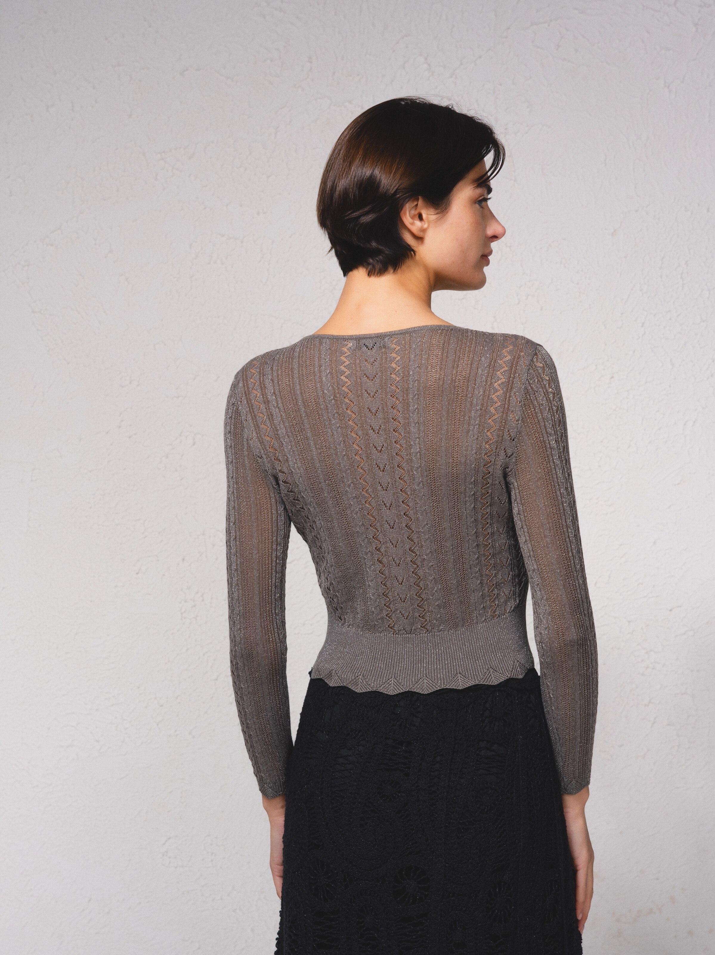 Camisola crop em croché Caqui-5