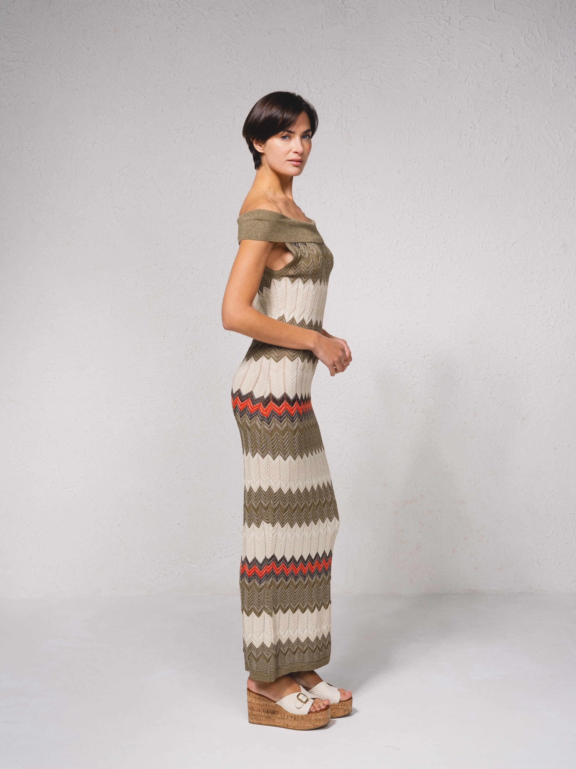 Vestido comprido de mistura de lurex Caqui-3