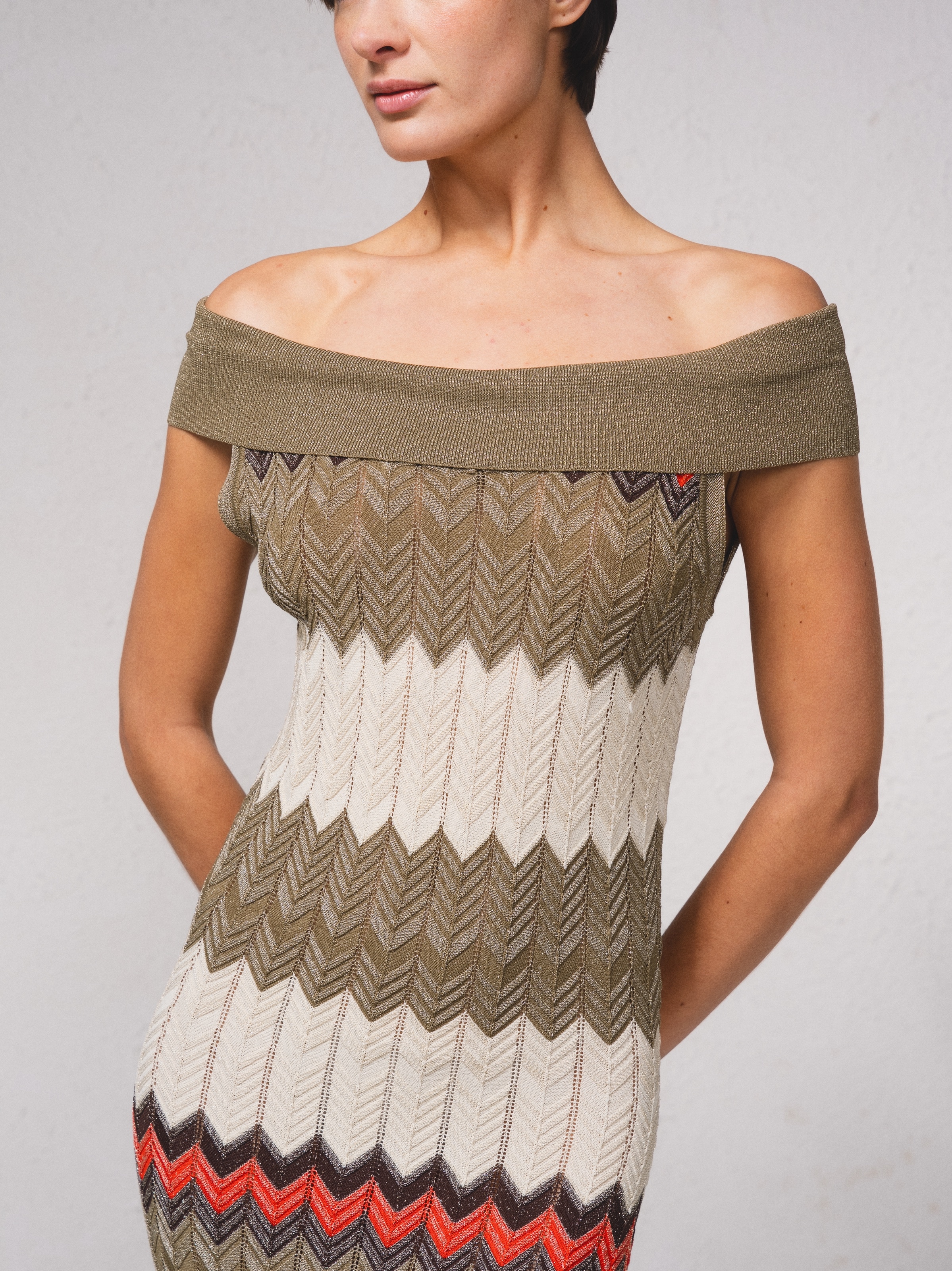 Vestido comprido de mistura de lurex Caqui-5