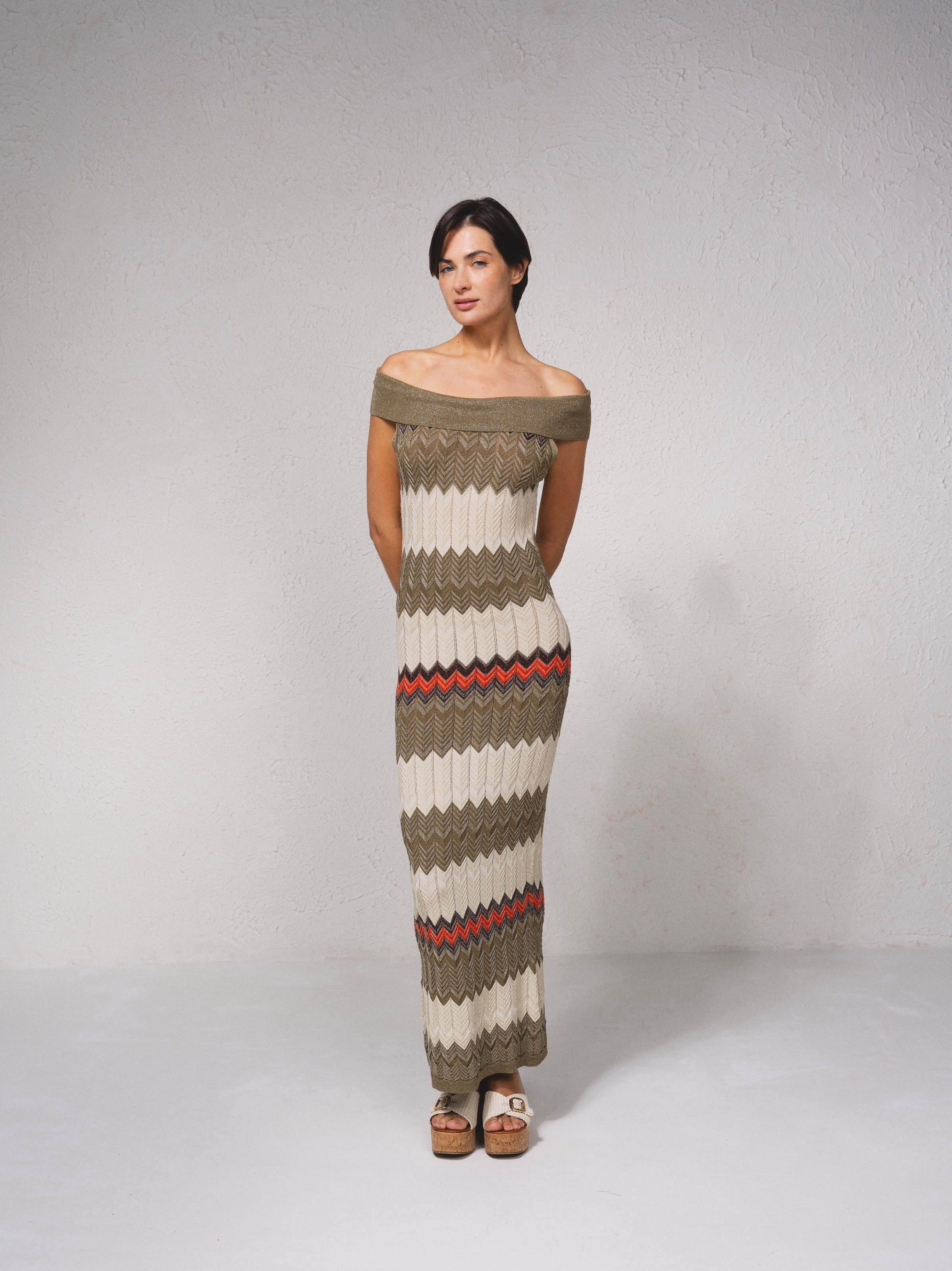 Vestido comprido de mistura de lurex Caqui-6