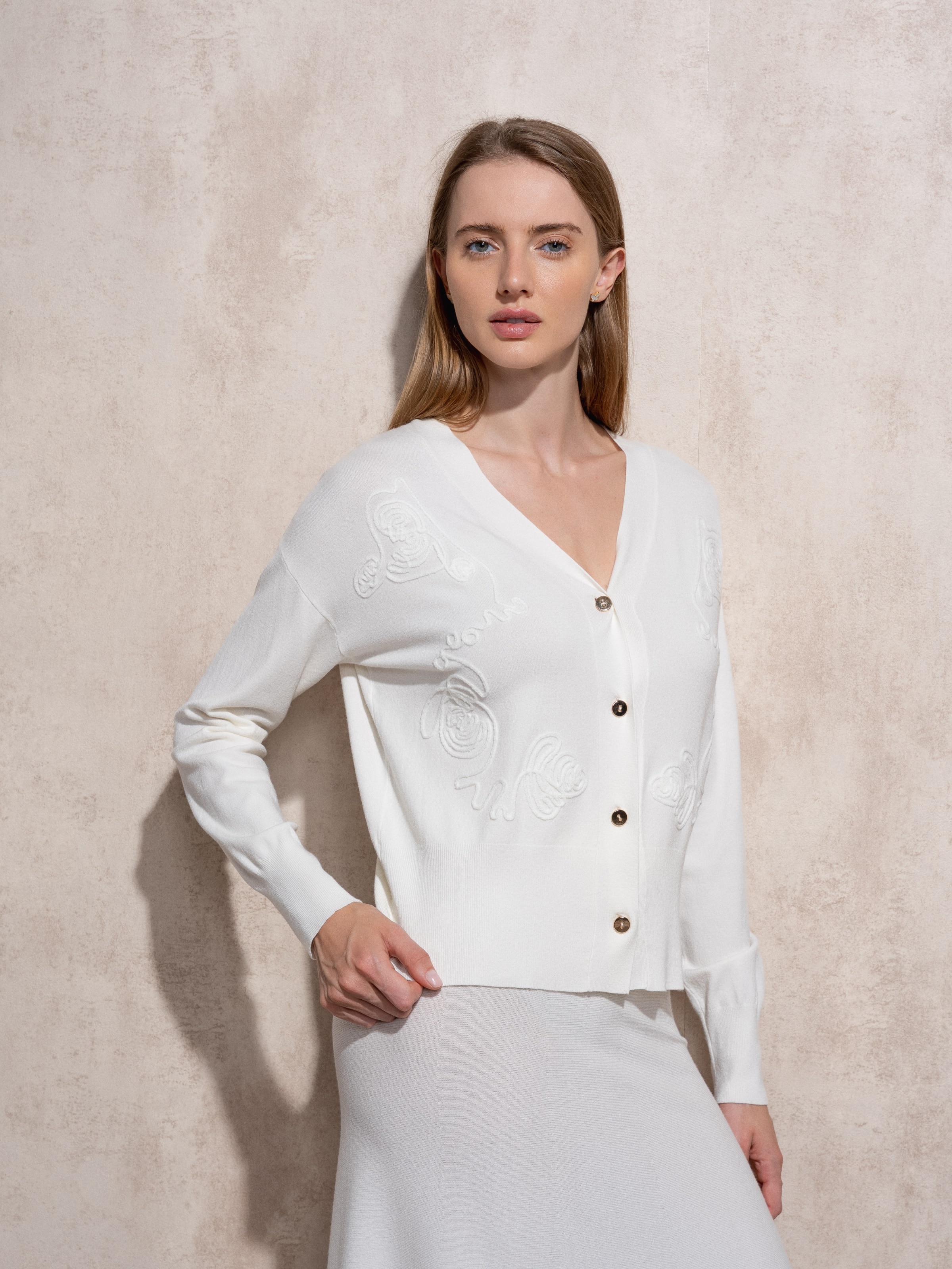 Conjunto saia e casaco em malha fina Branco-3