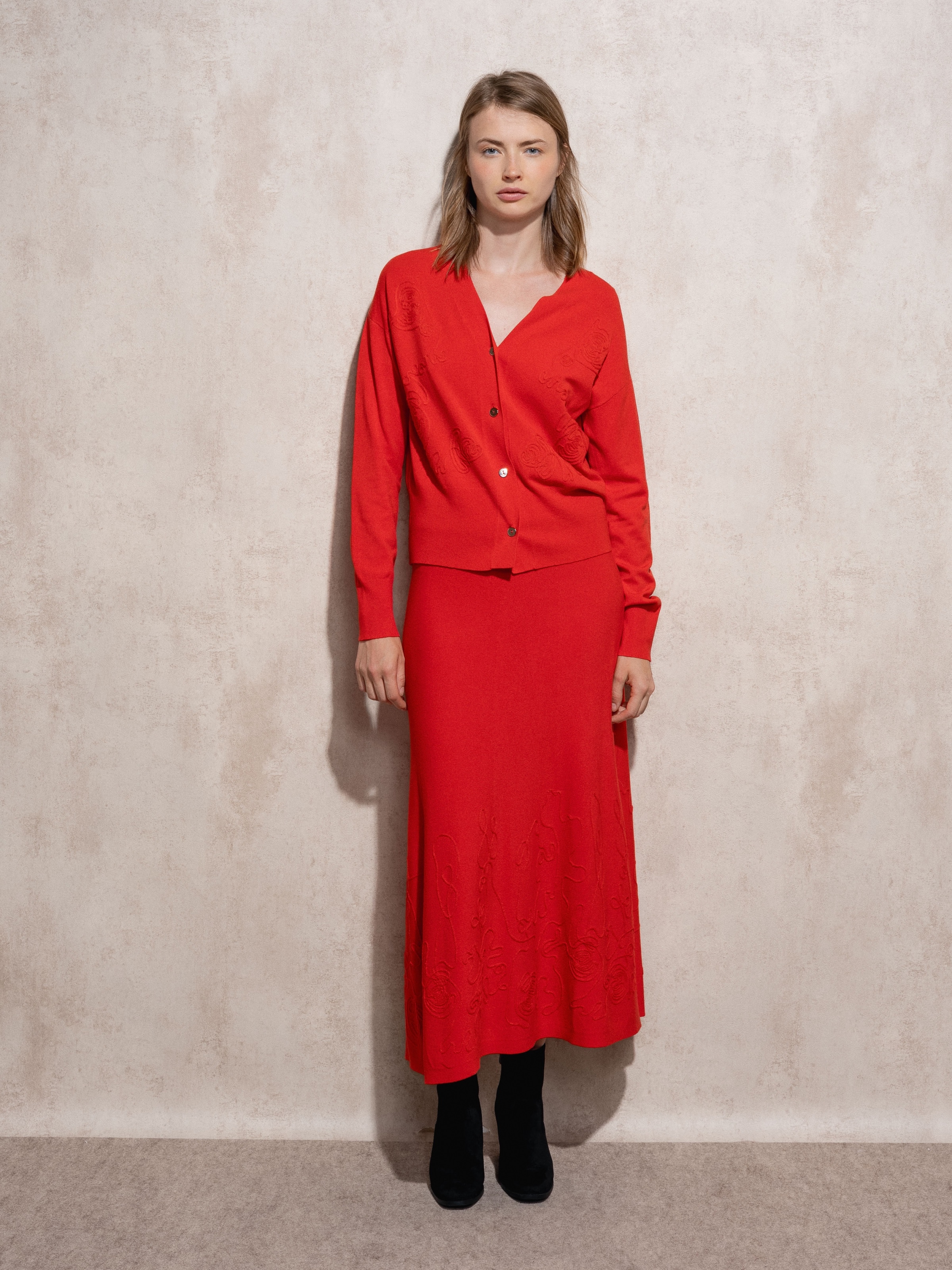 Conjunto saia e casaco em malha fina Vermelho-2