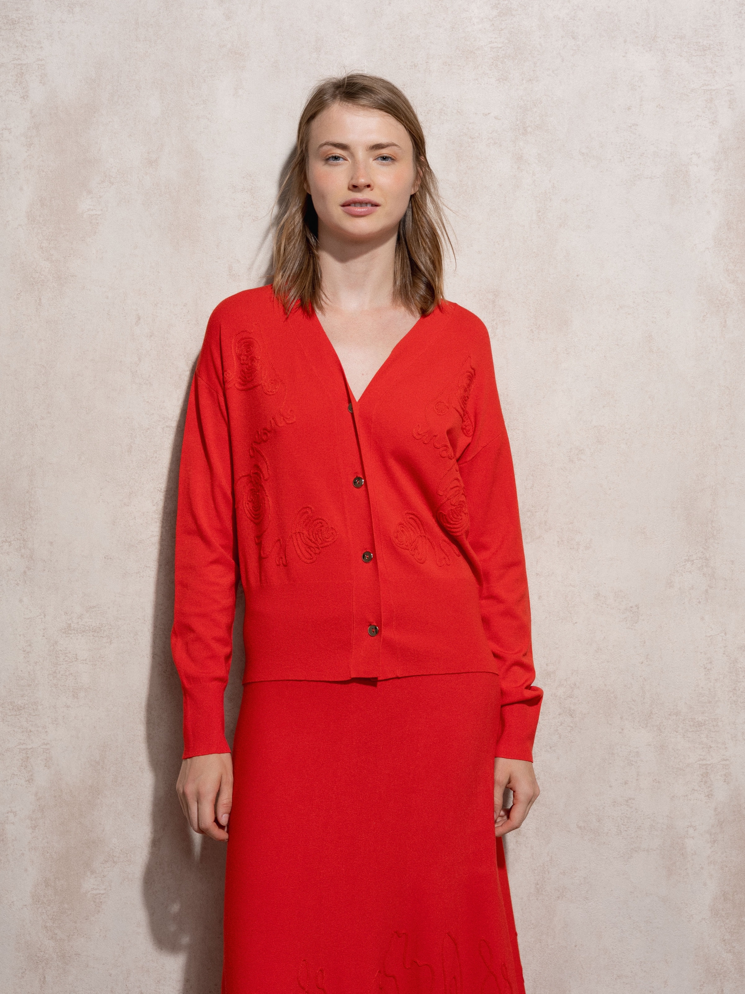 Conjunto saia e casaco em malha fina Vermelho-3
