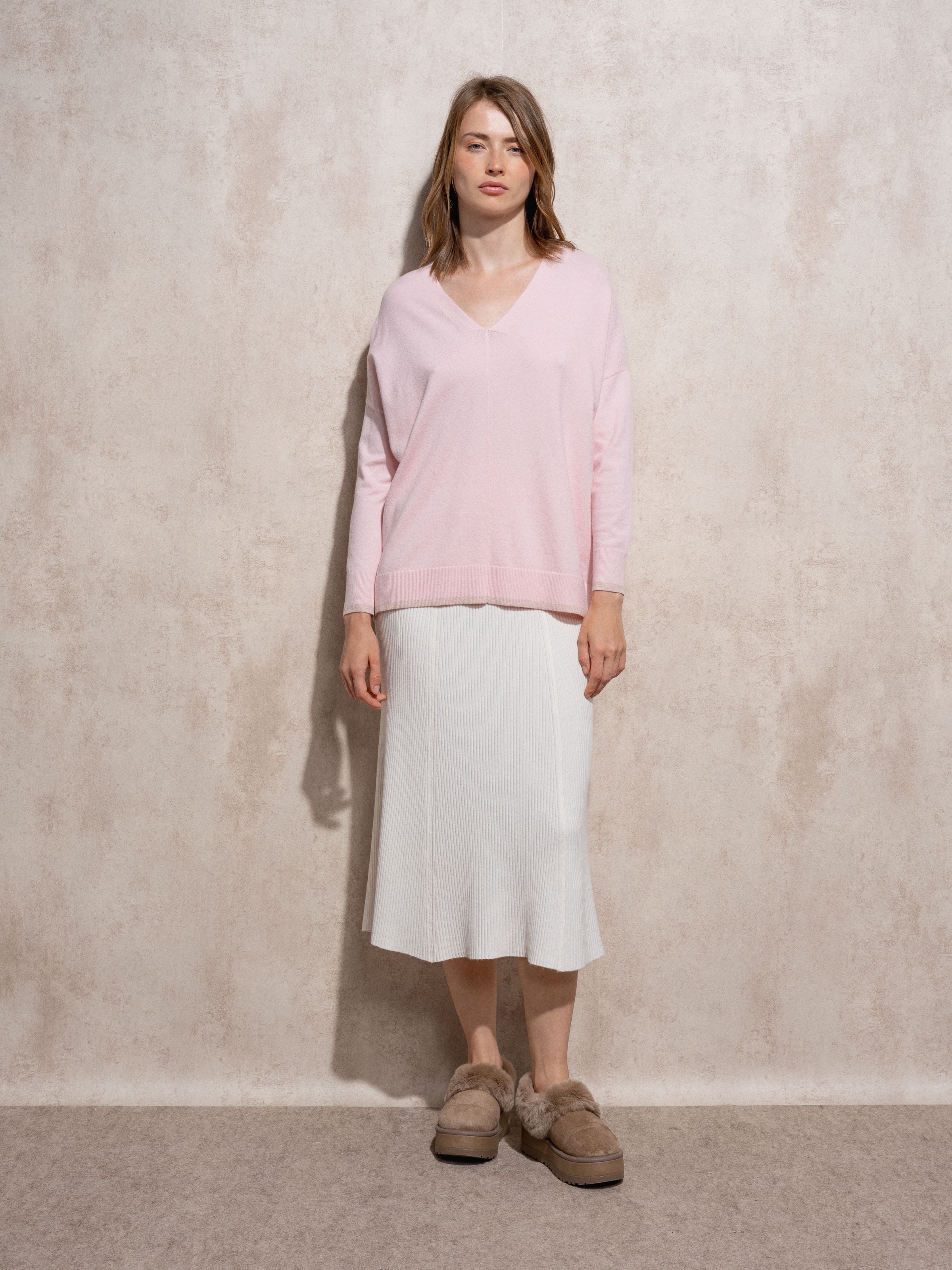 Camisola de malha com decote em bico Fúcsia-1