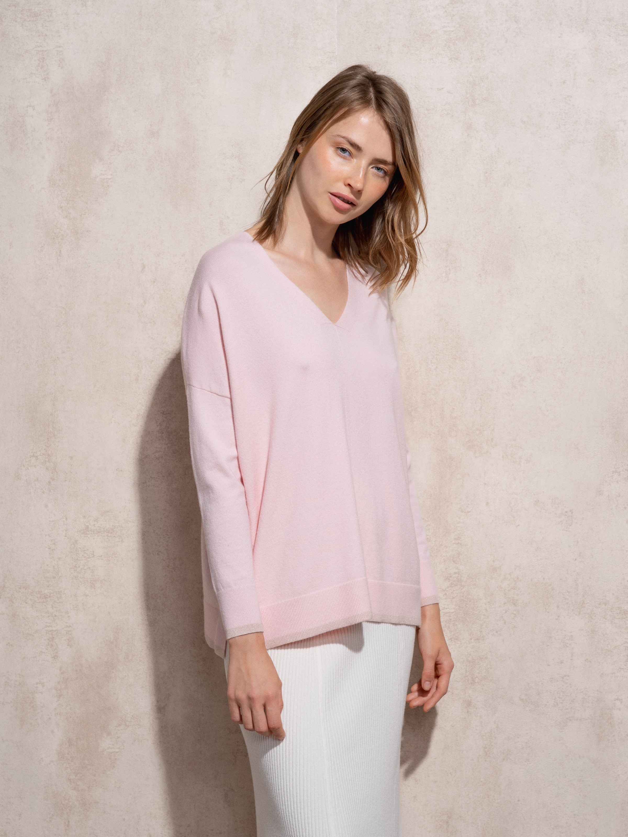 Camisola de malha com decote em bico Fúcsia-3