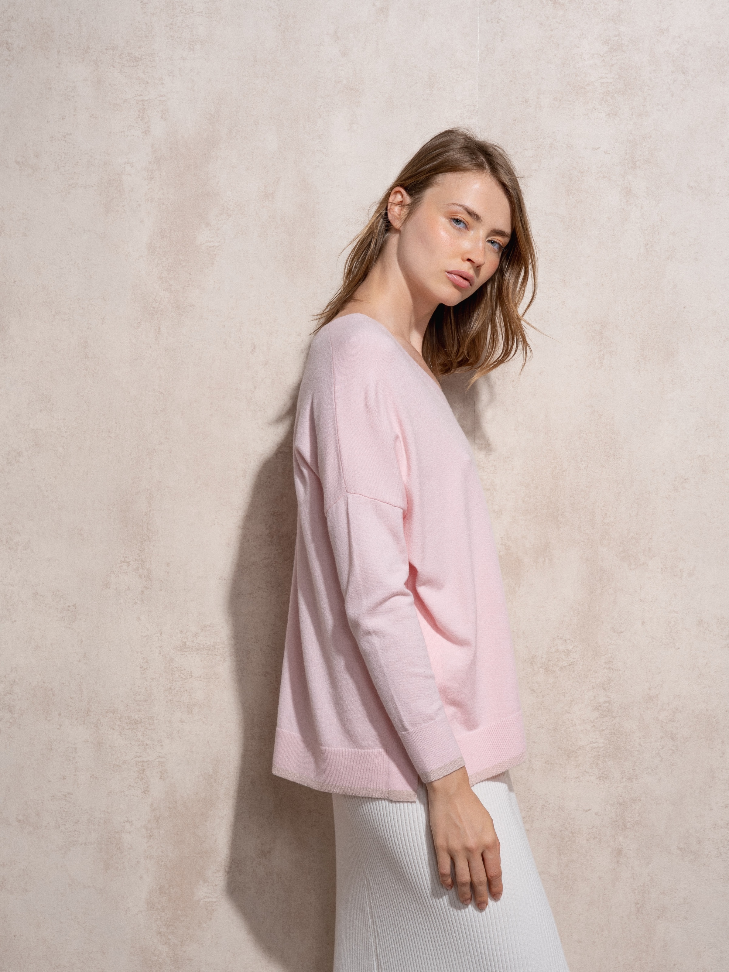 Camisola de malha com decote em bico Fúcsia-4