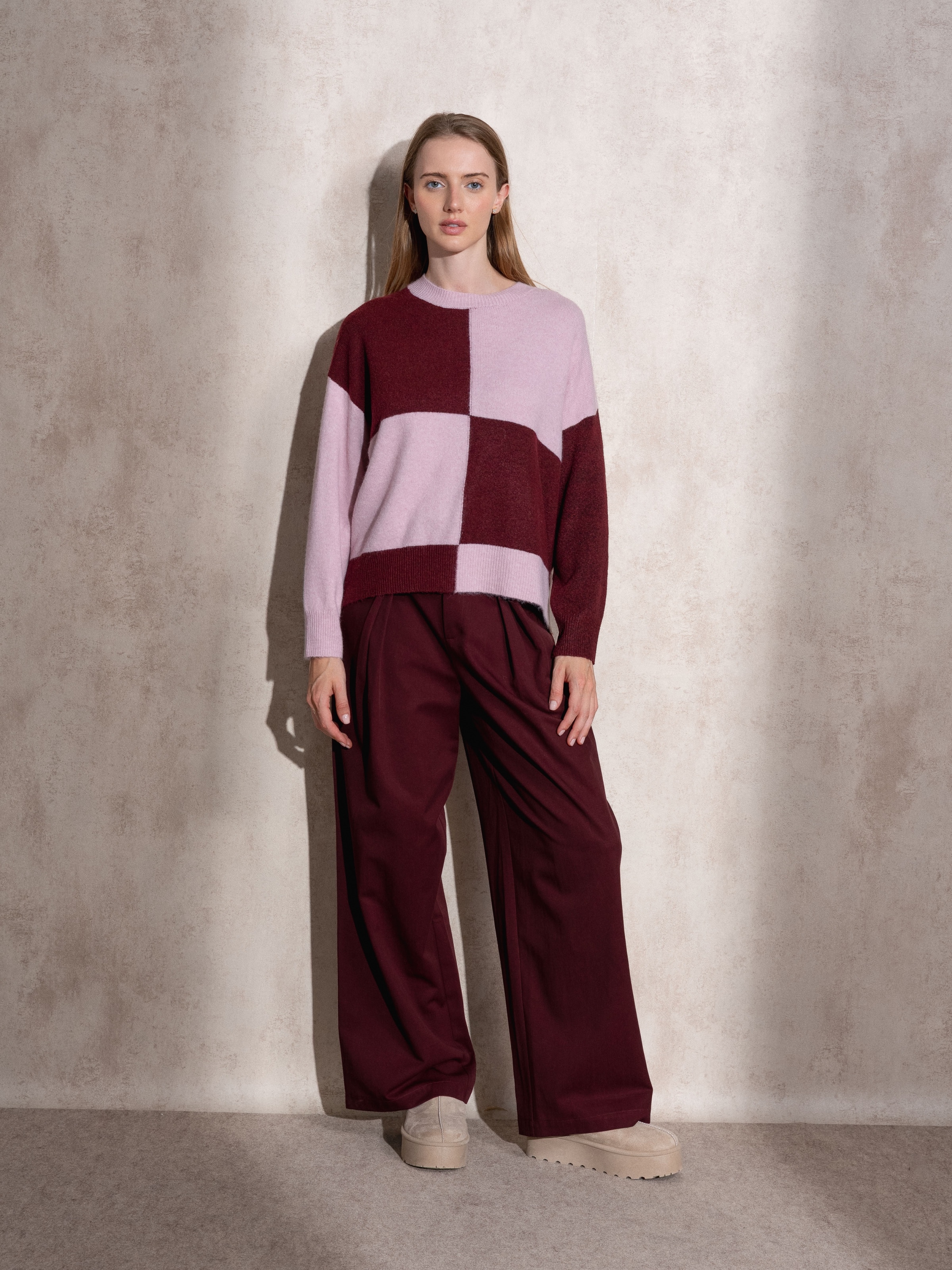 Camisola de malha aos quadrados Vermelho-1