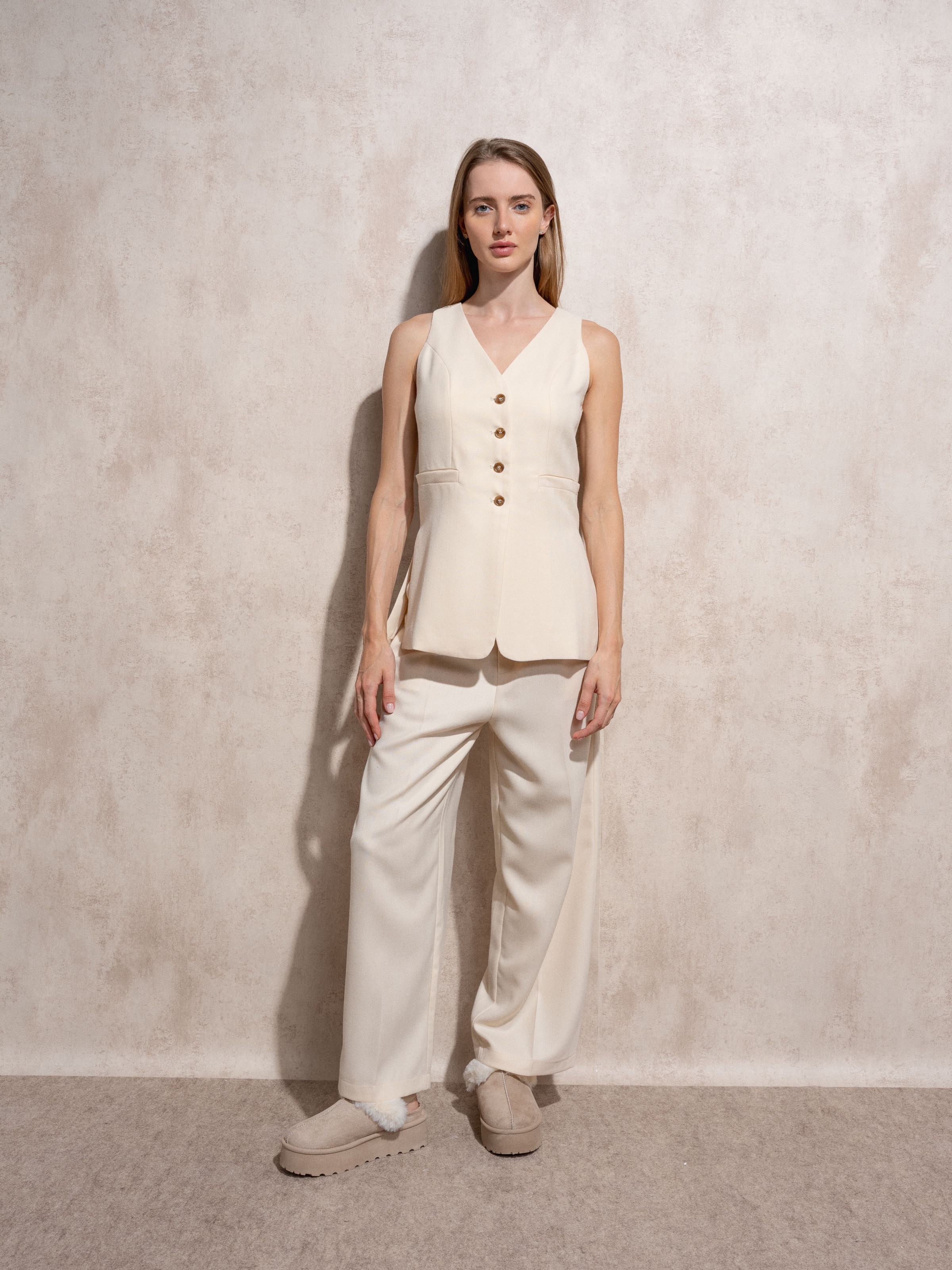 Colete comprido de fato Bege-1