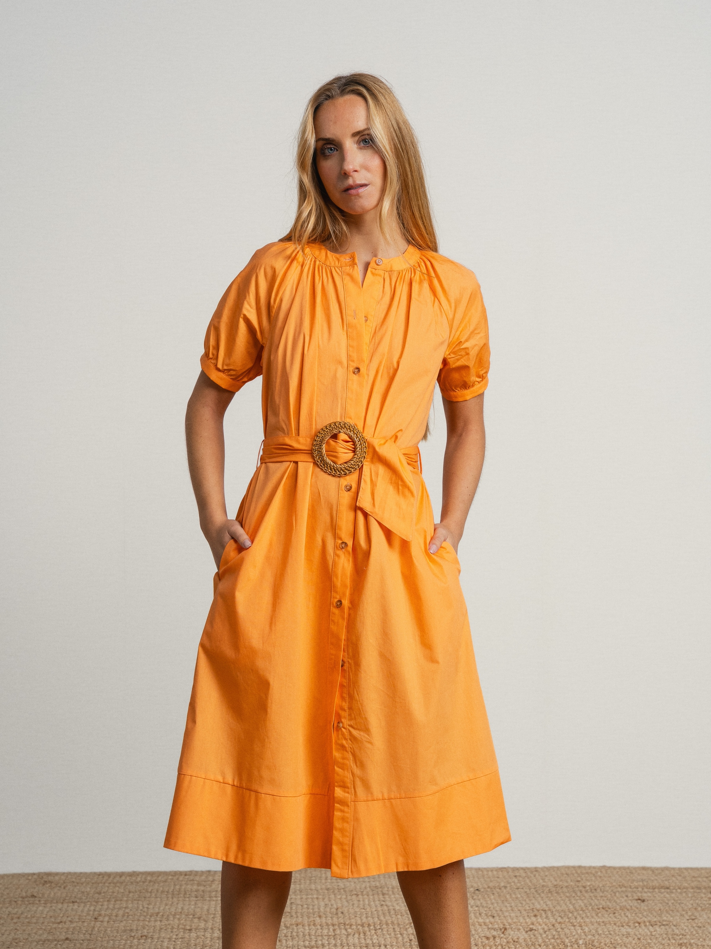 Vestido de algodão recto com cinto Laranja-3