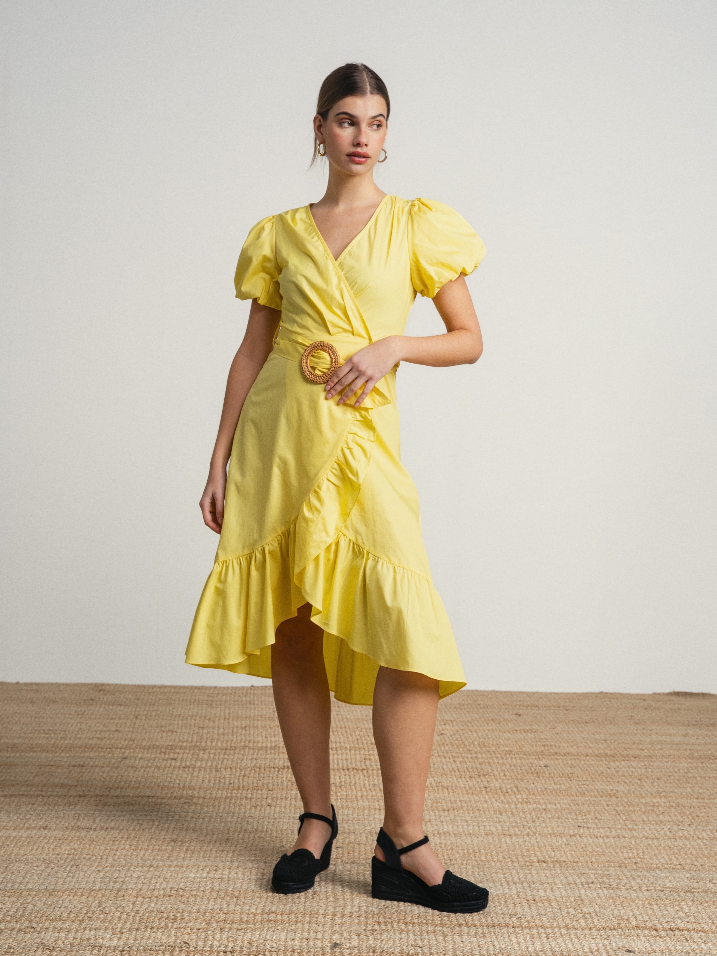Vestido de algodão com manga balão e cinto Amarelo-3