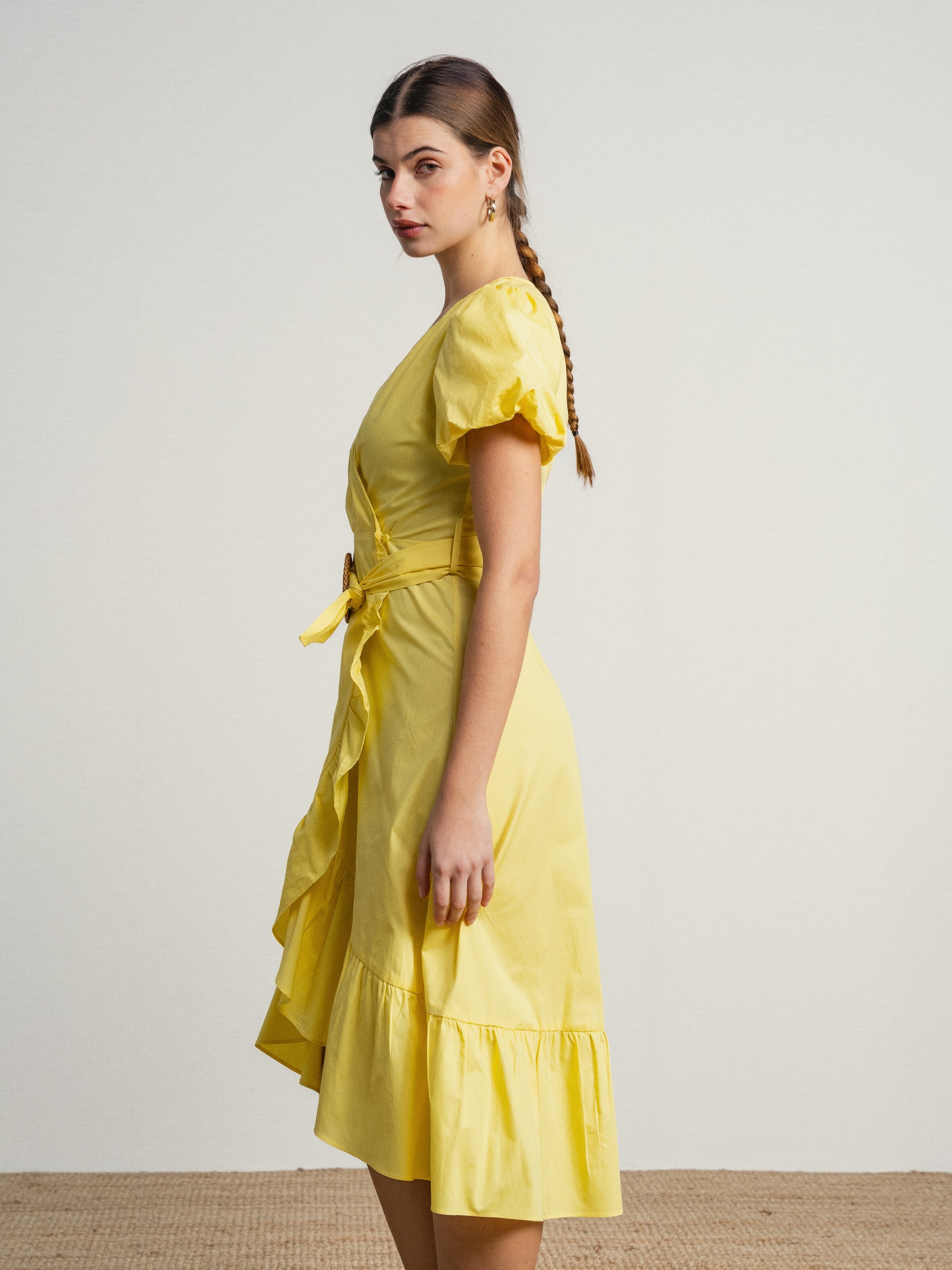 Vestido de algodão com manga balão e cinto Amarelo-4