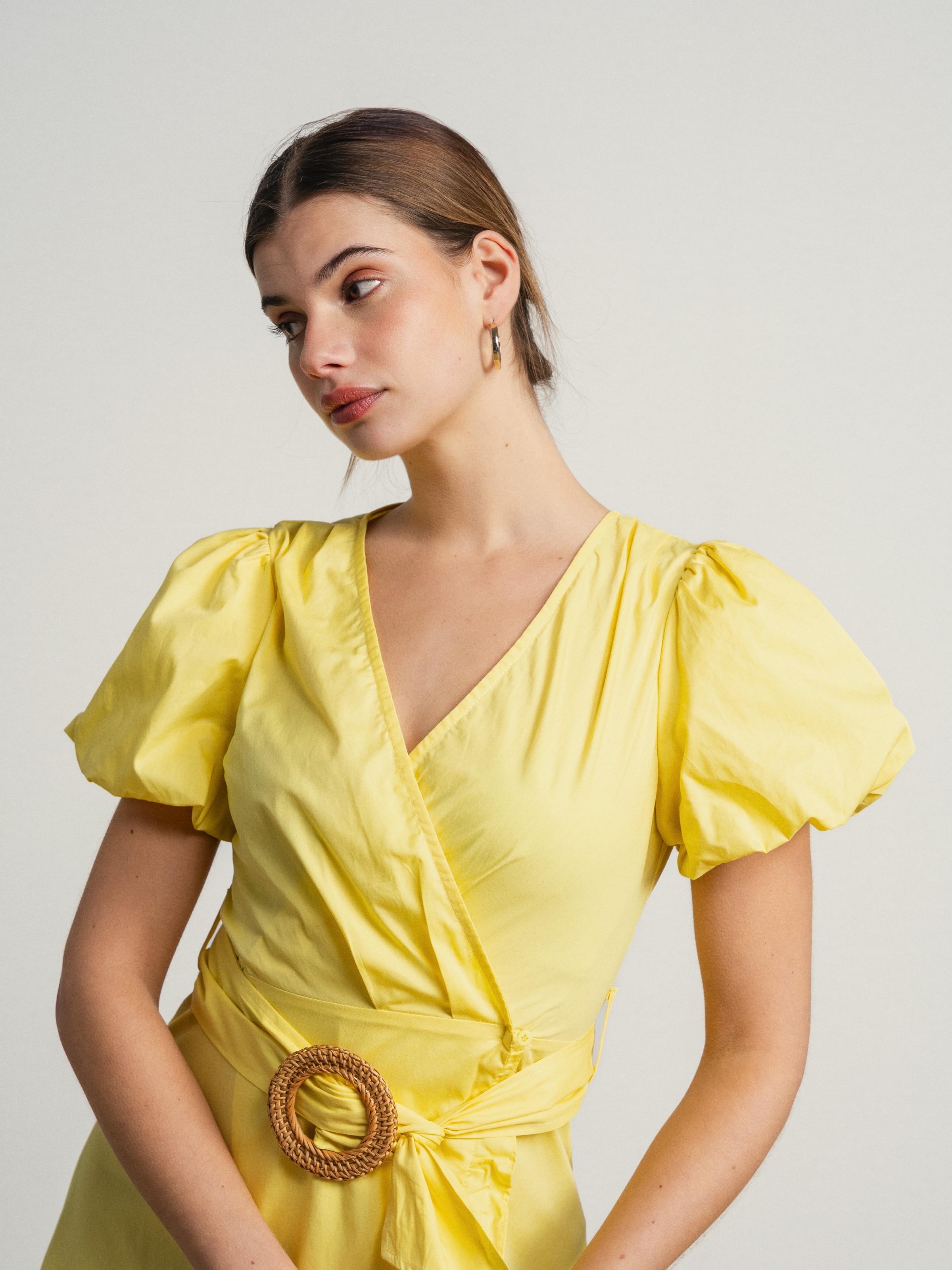 Vestido de algodão com manga balão e cinto Amarelo-5