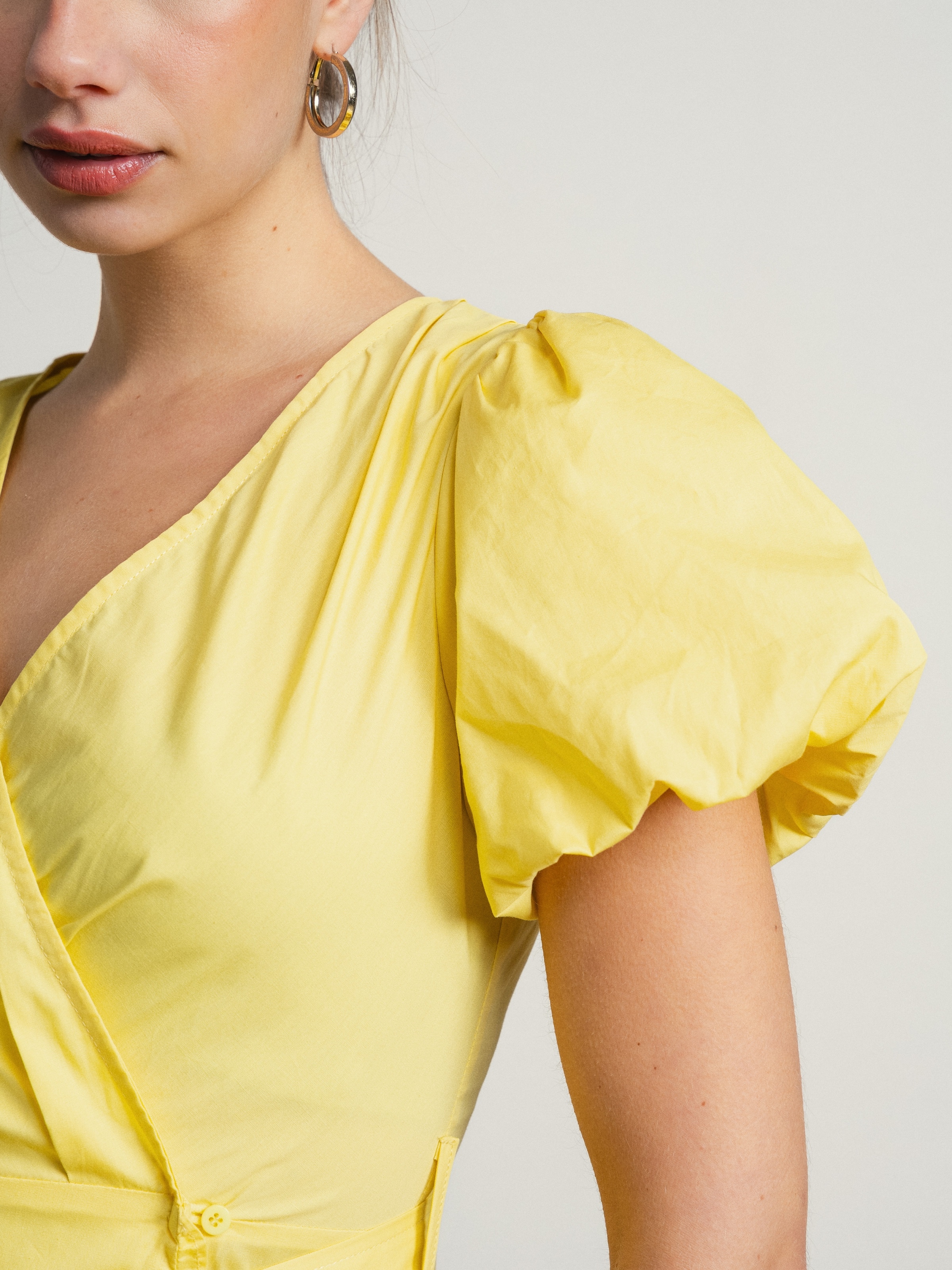 Vestido de algodão com manga balão e cinto Amarelo-6