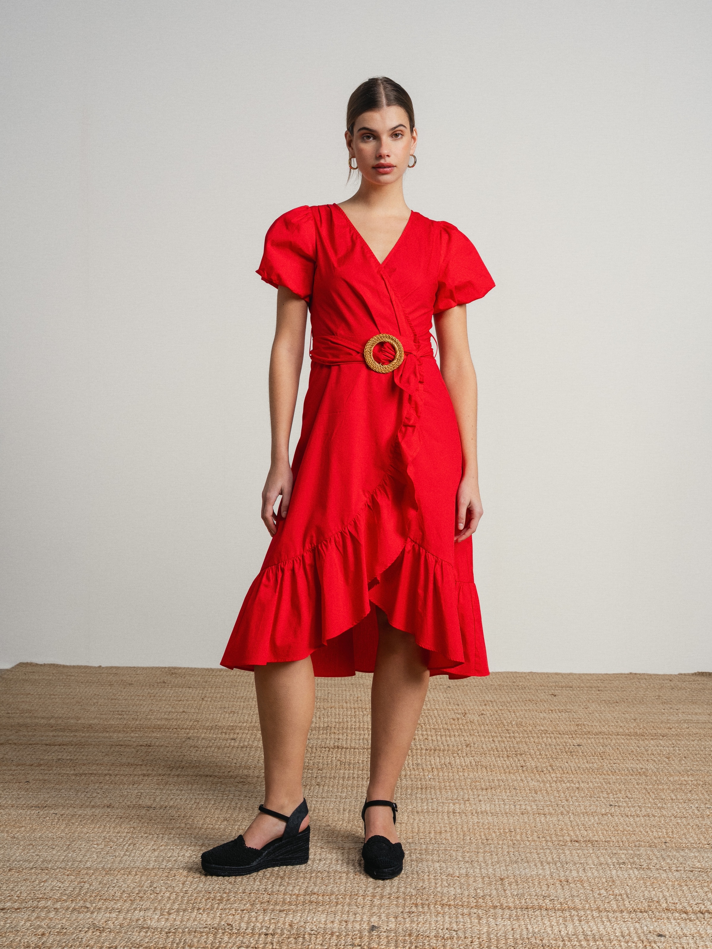 Imagem 0 de Vestido de algodão com manga balão e cinto