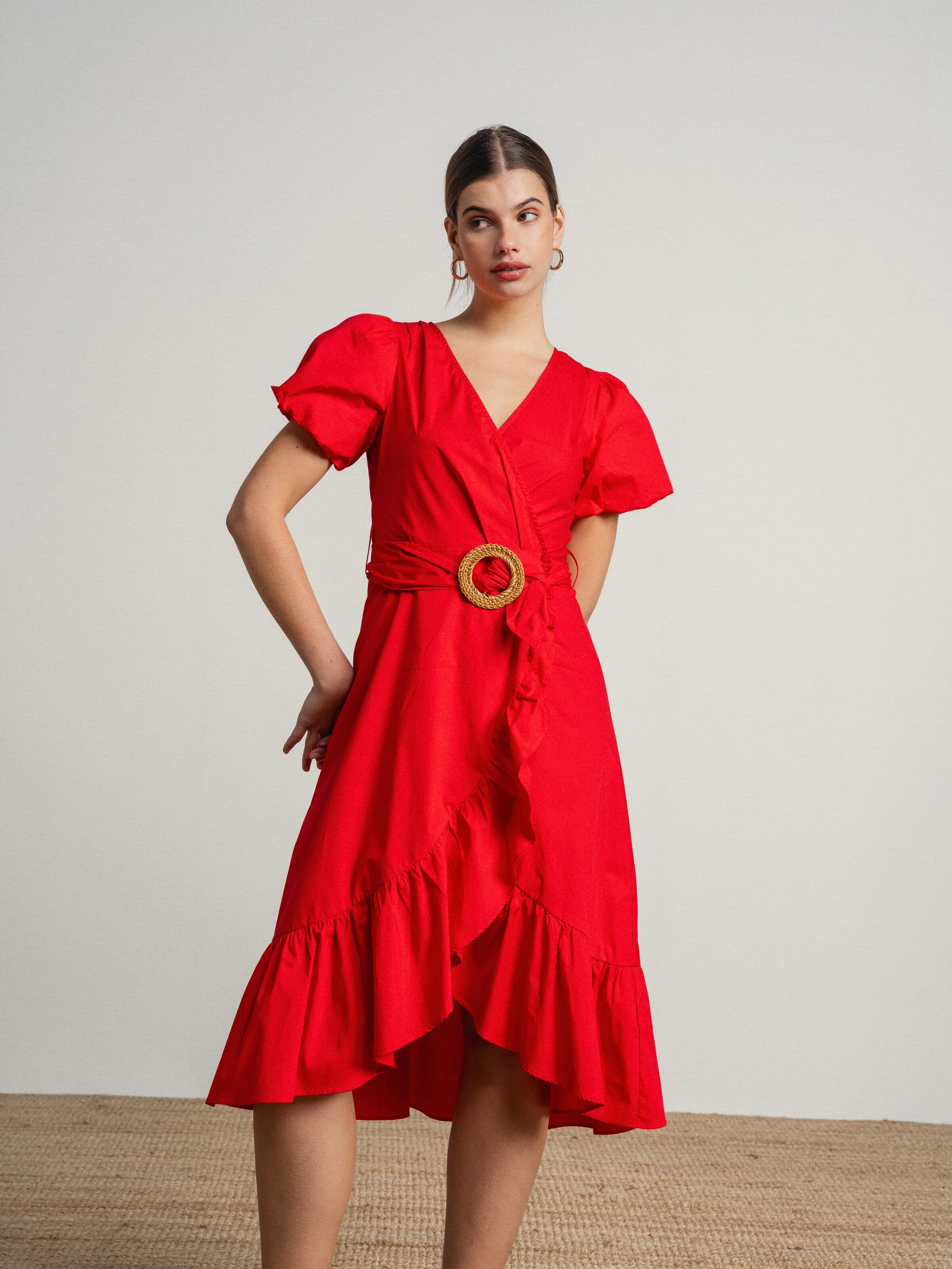 Vestido de algodão com manga balão e cinto Vermelho-3