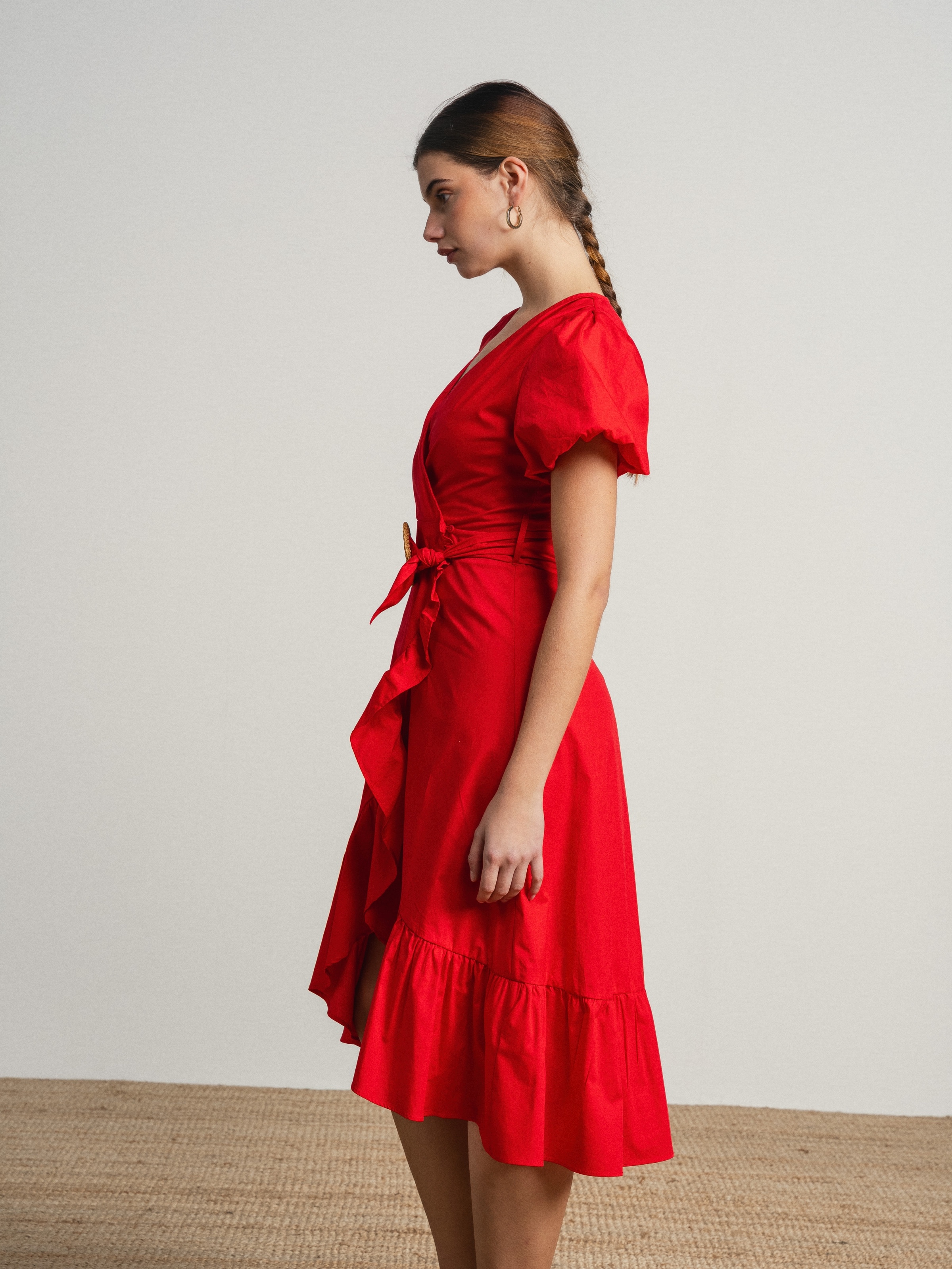 Vestido de algodão com manga balão e cinto Vermelho-4