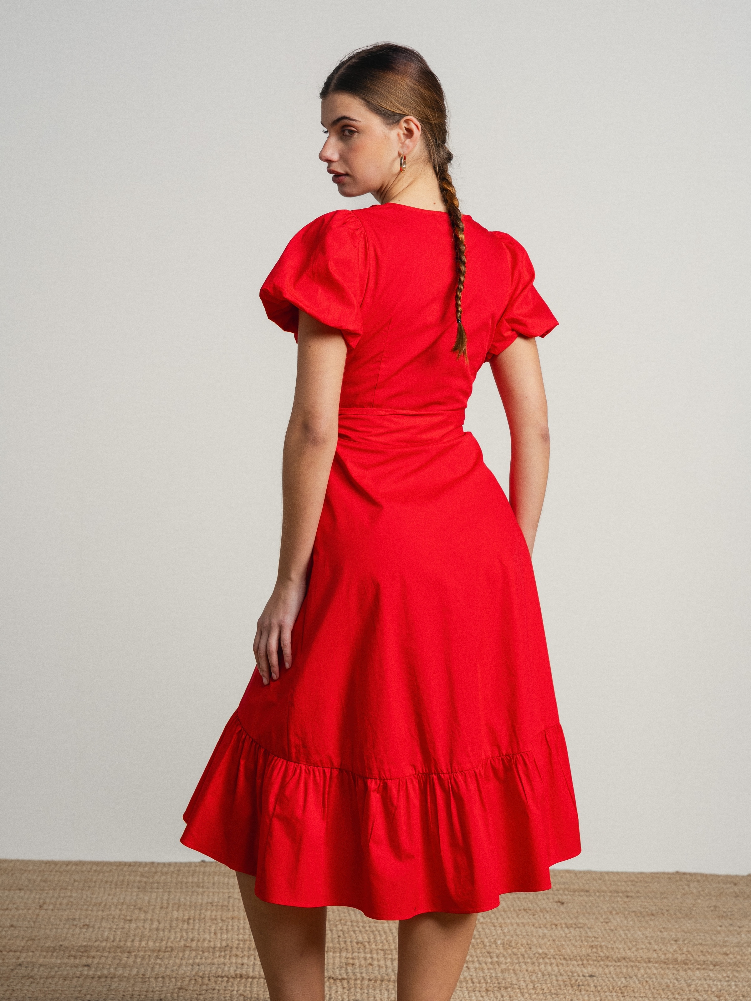 Vestido de algodão com manga balão e cinto Vermelho-5