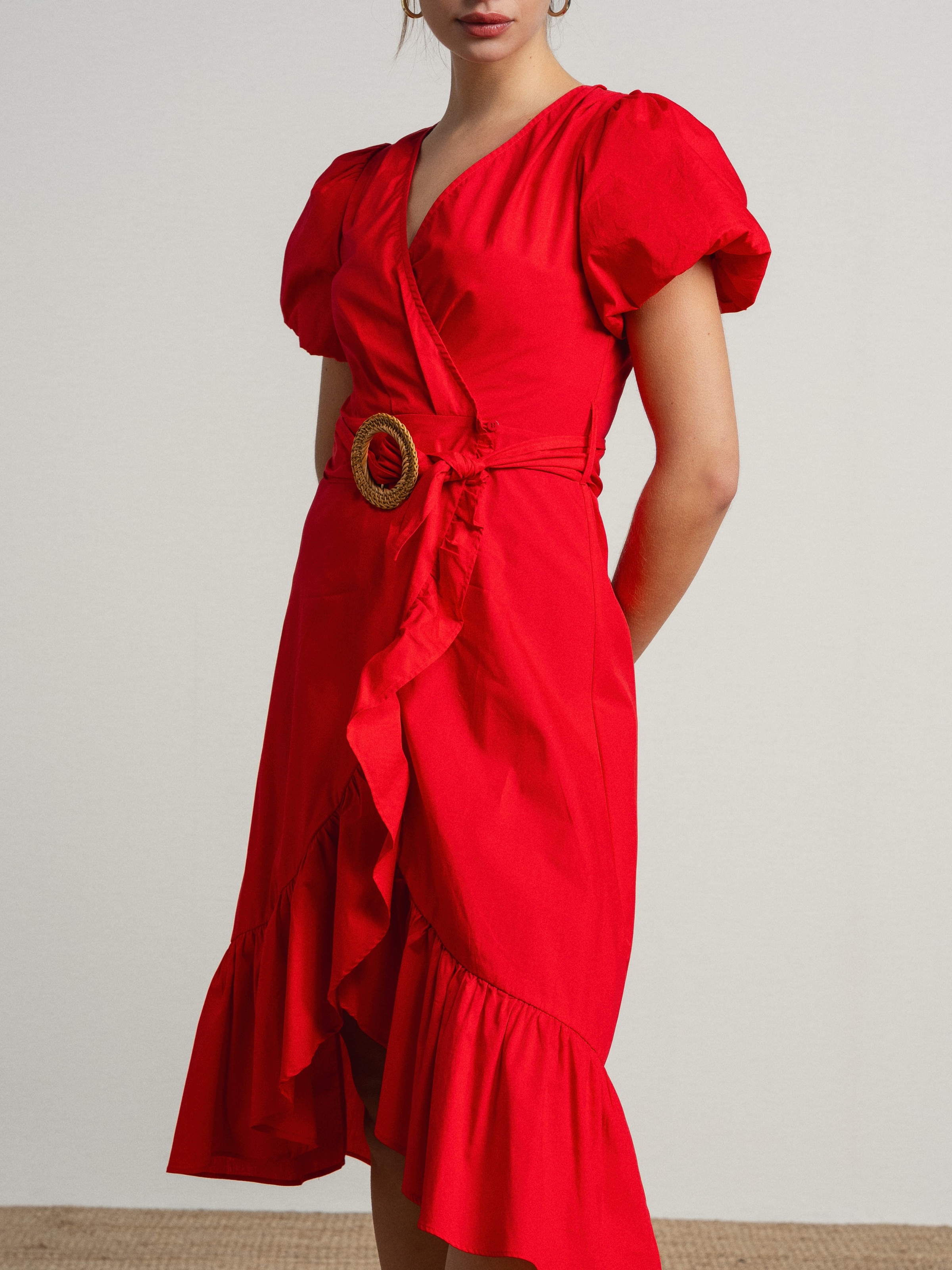 Vestido de algodão com manga balão e cinto Vermelho-6