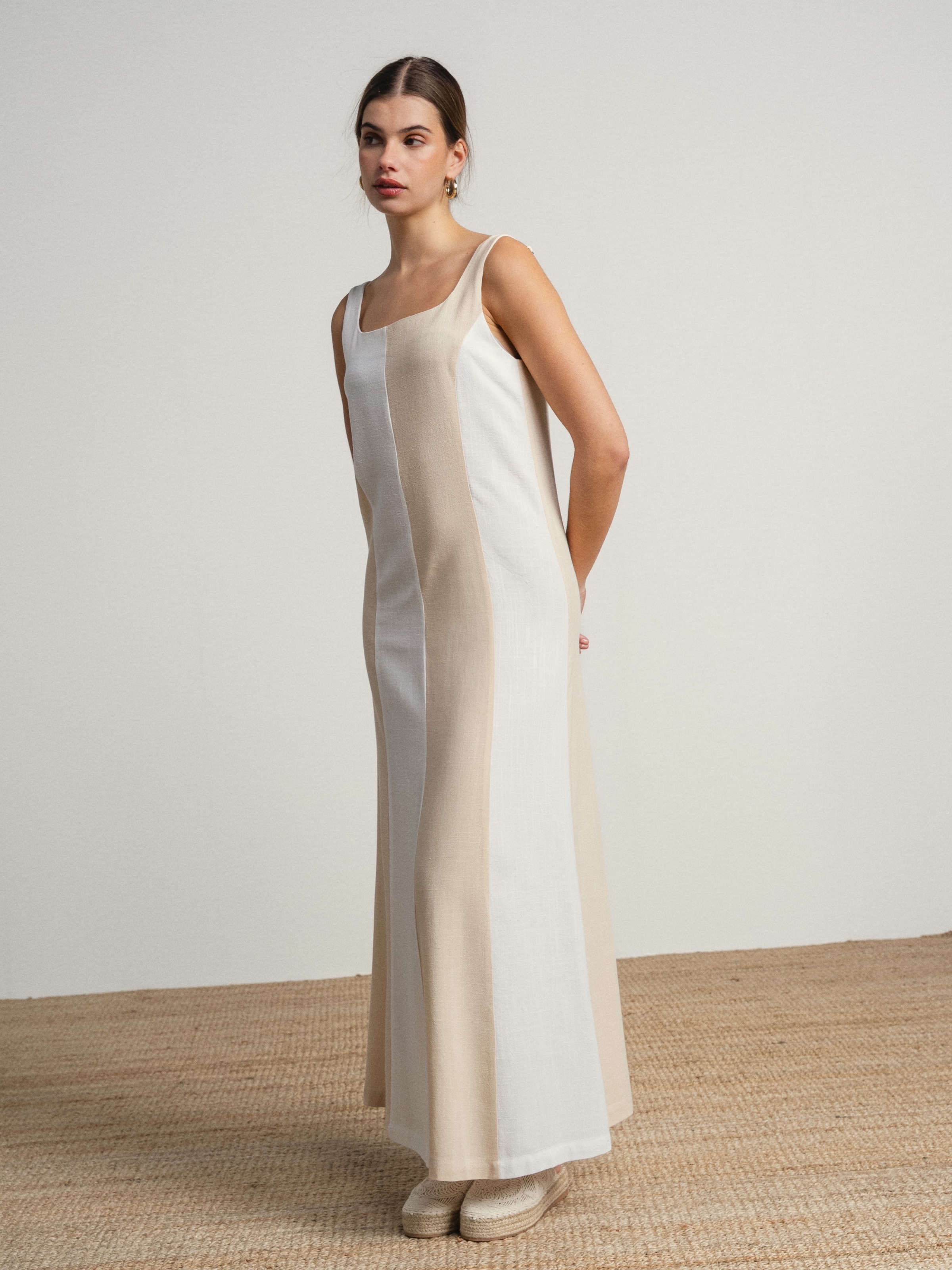 Vestido comprido de linho bicolor Branco-3