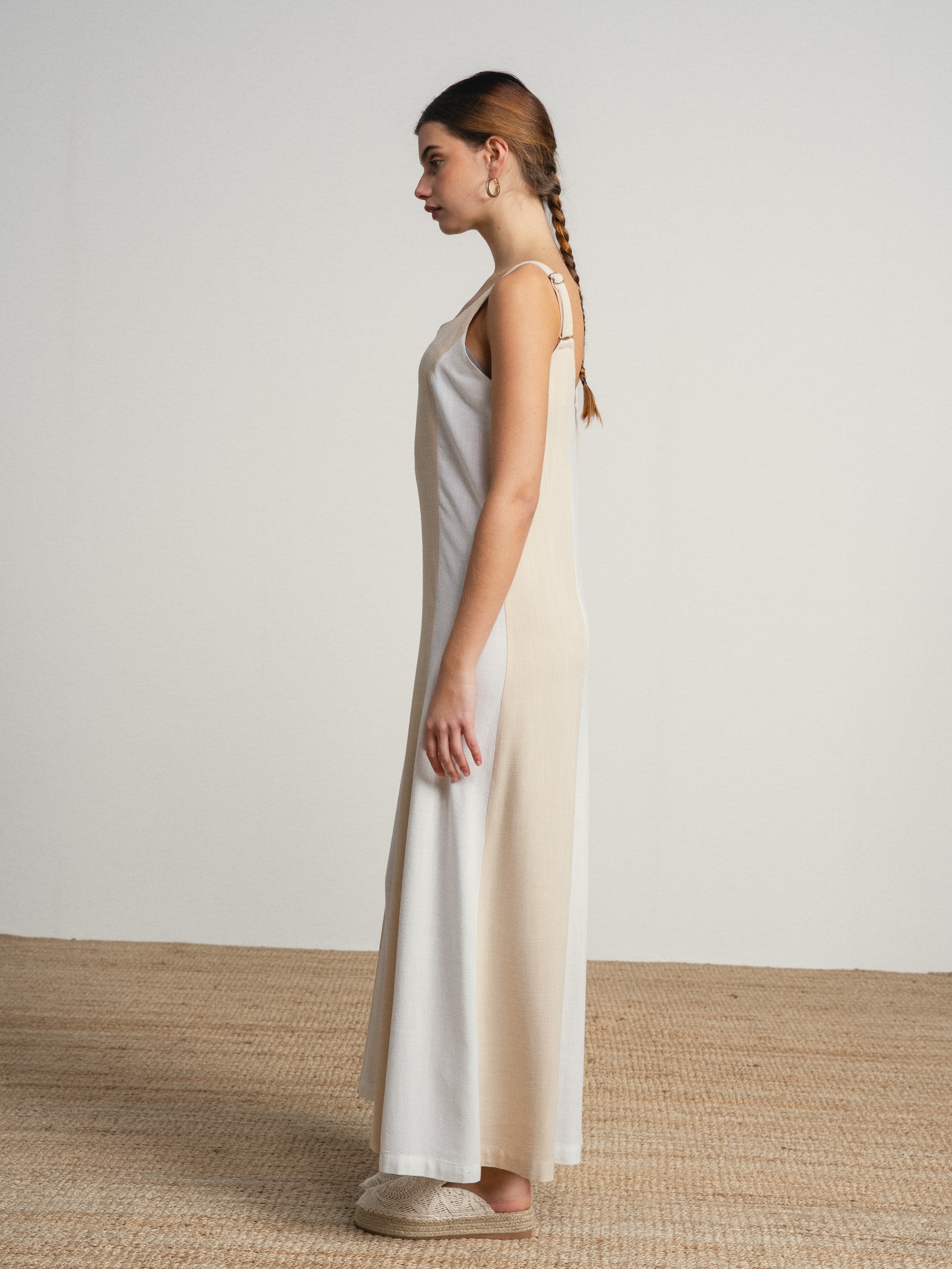 Vestido comprido de linho bicolor Branco-4