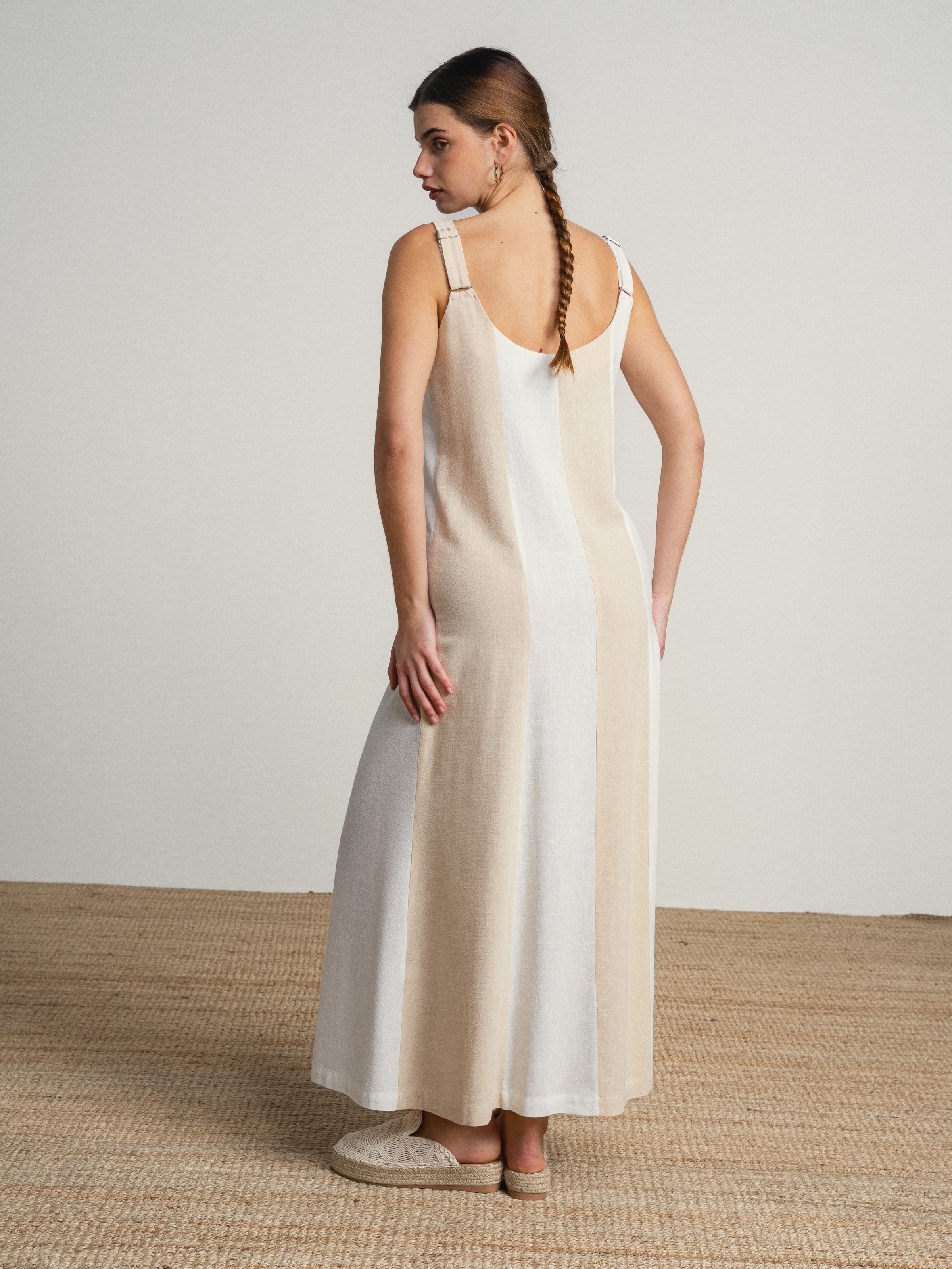 Vestido comprido de linho bicolor Branco-5