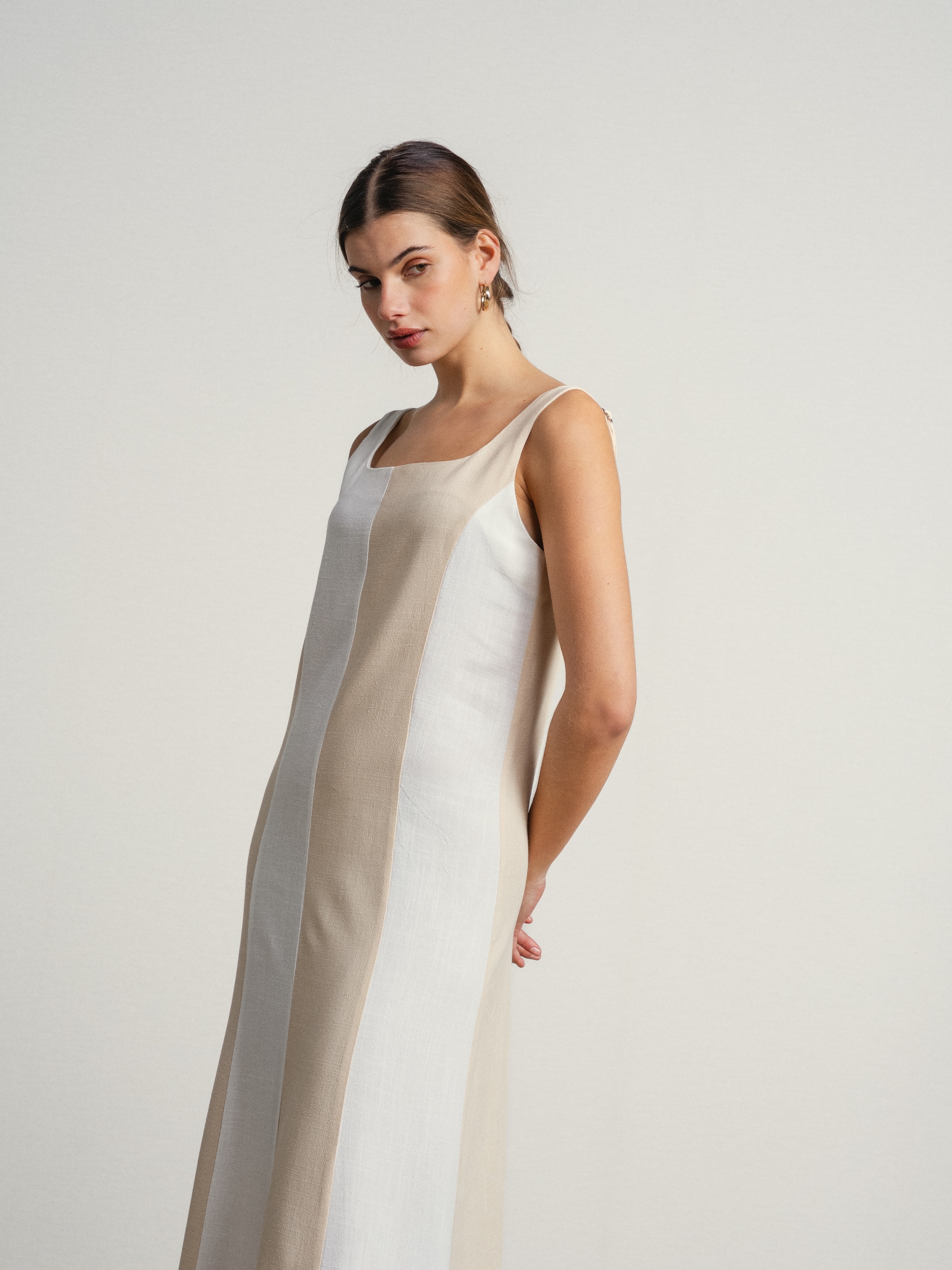 Vestido comprido de linho bicolor Branco-6
