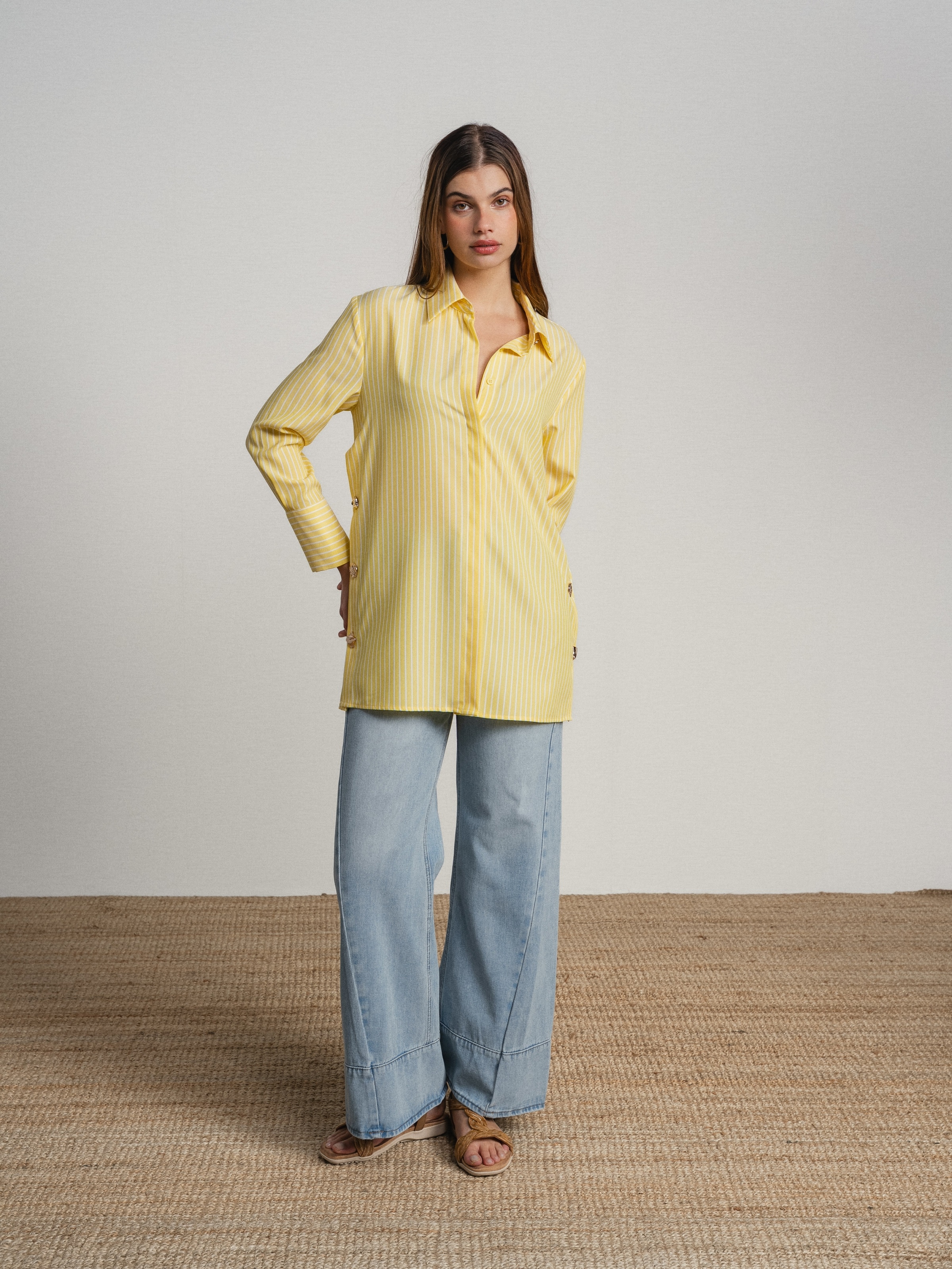 Camisa as riscas e botões dourados Amarelo-3
