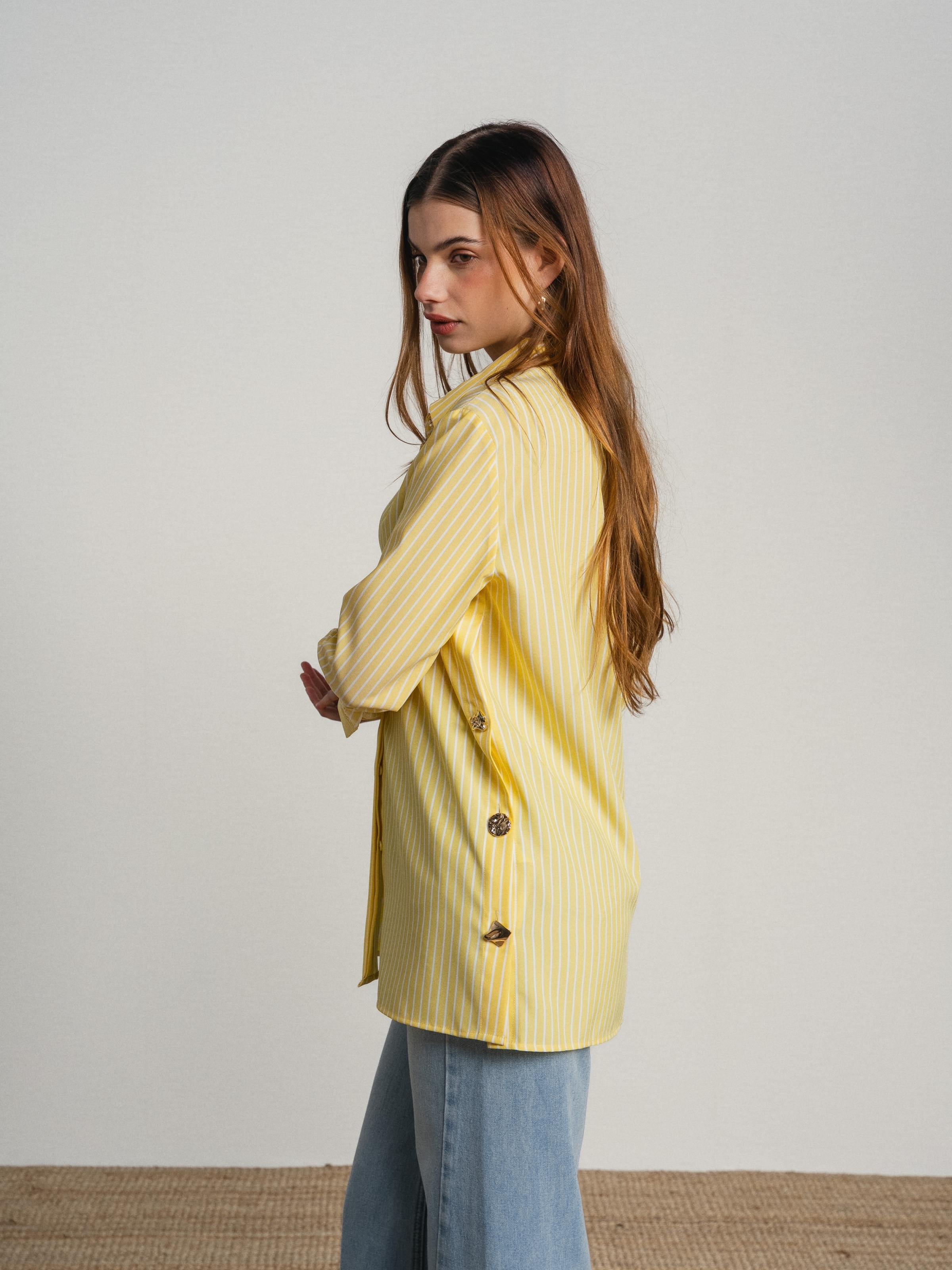 Camisa as riscas e botões dourados Amarelo-4