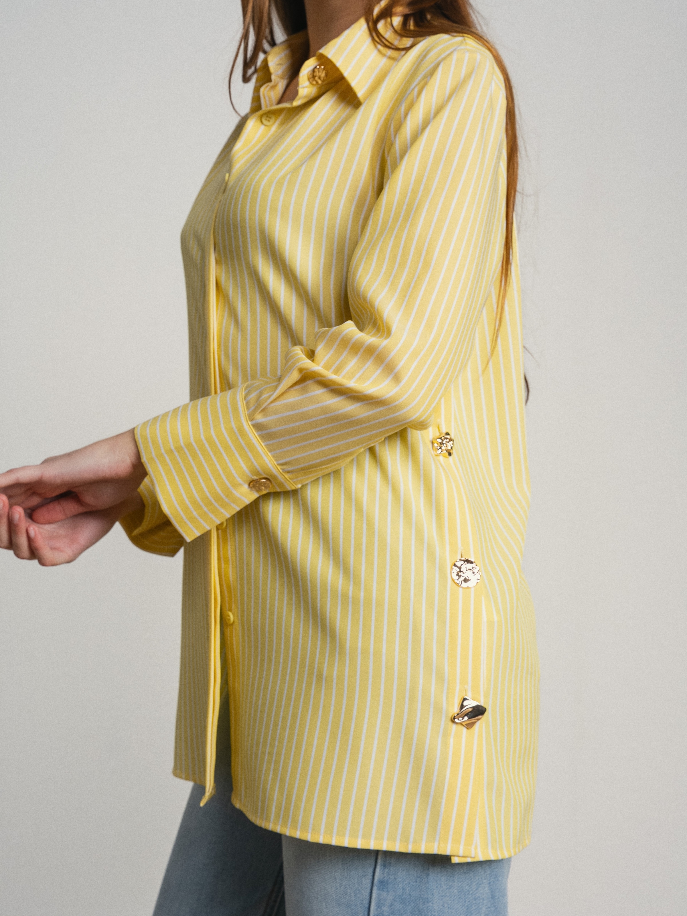 Camisa as riscas e botões dourados Amarelo-5