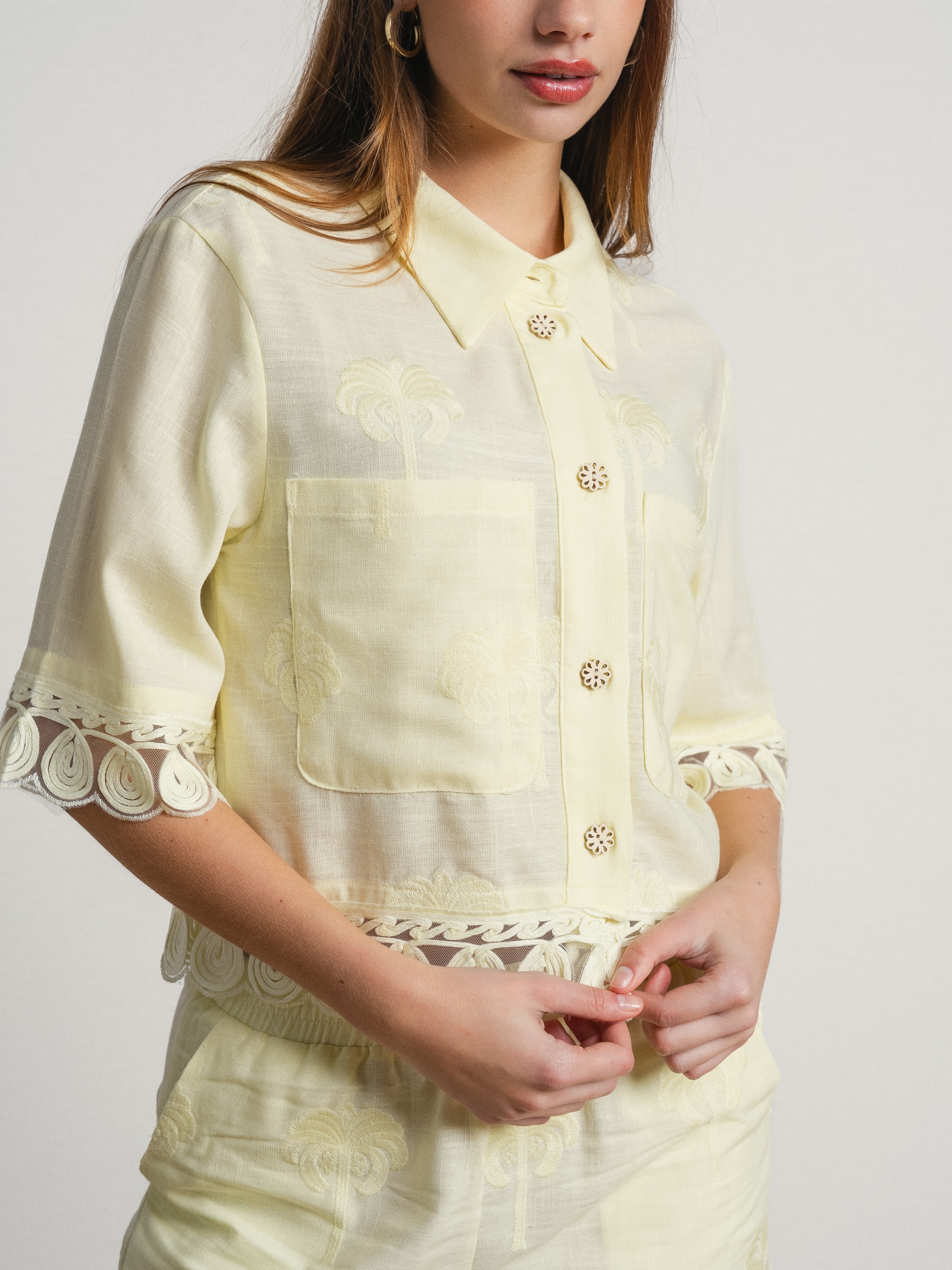 Camisa de linho de manga curta com bordado Amarelo-3