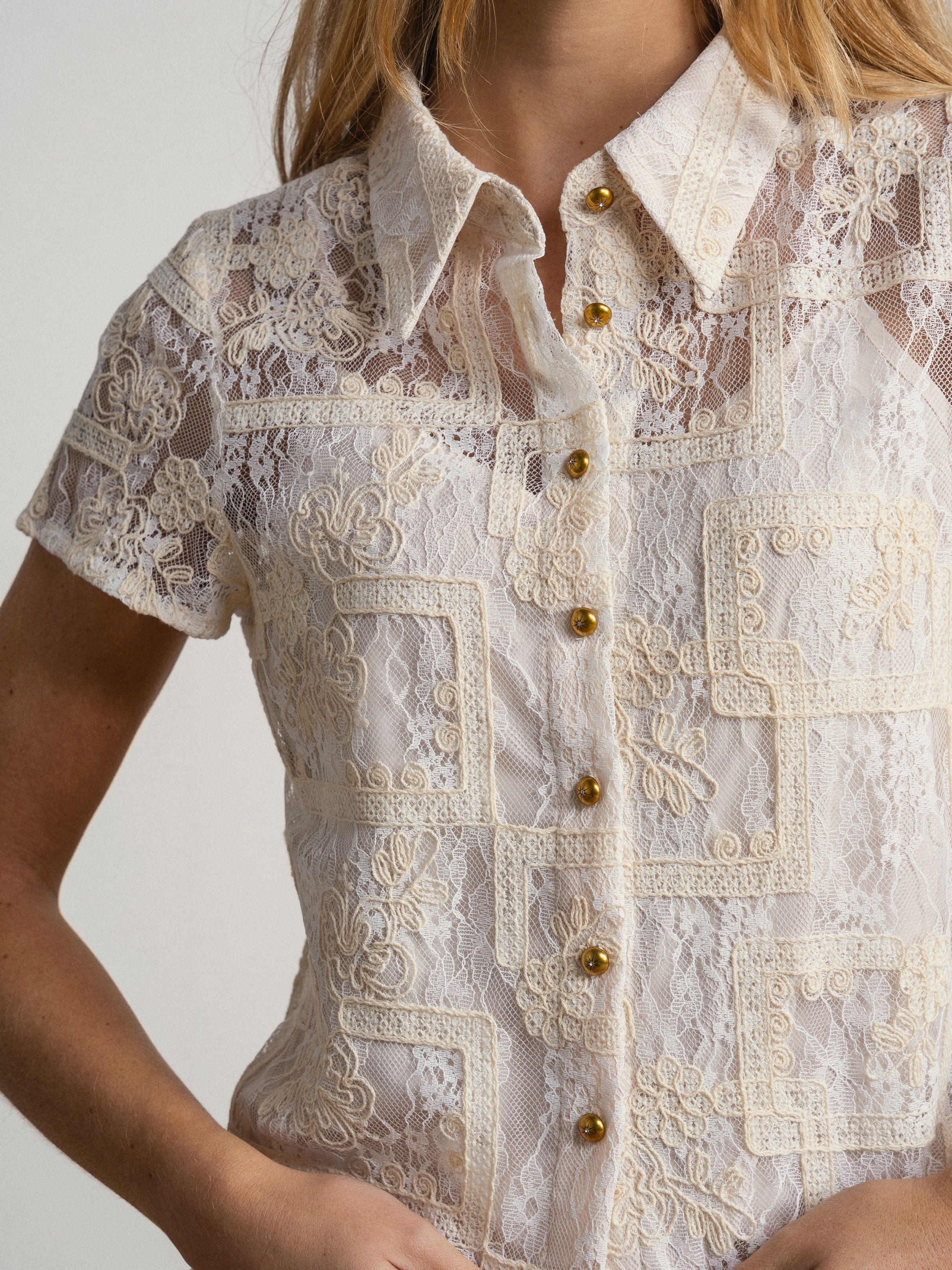 Camisa rendada com forro interior em alças Branco-5