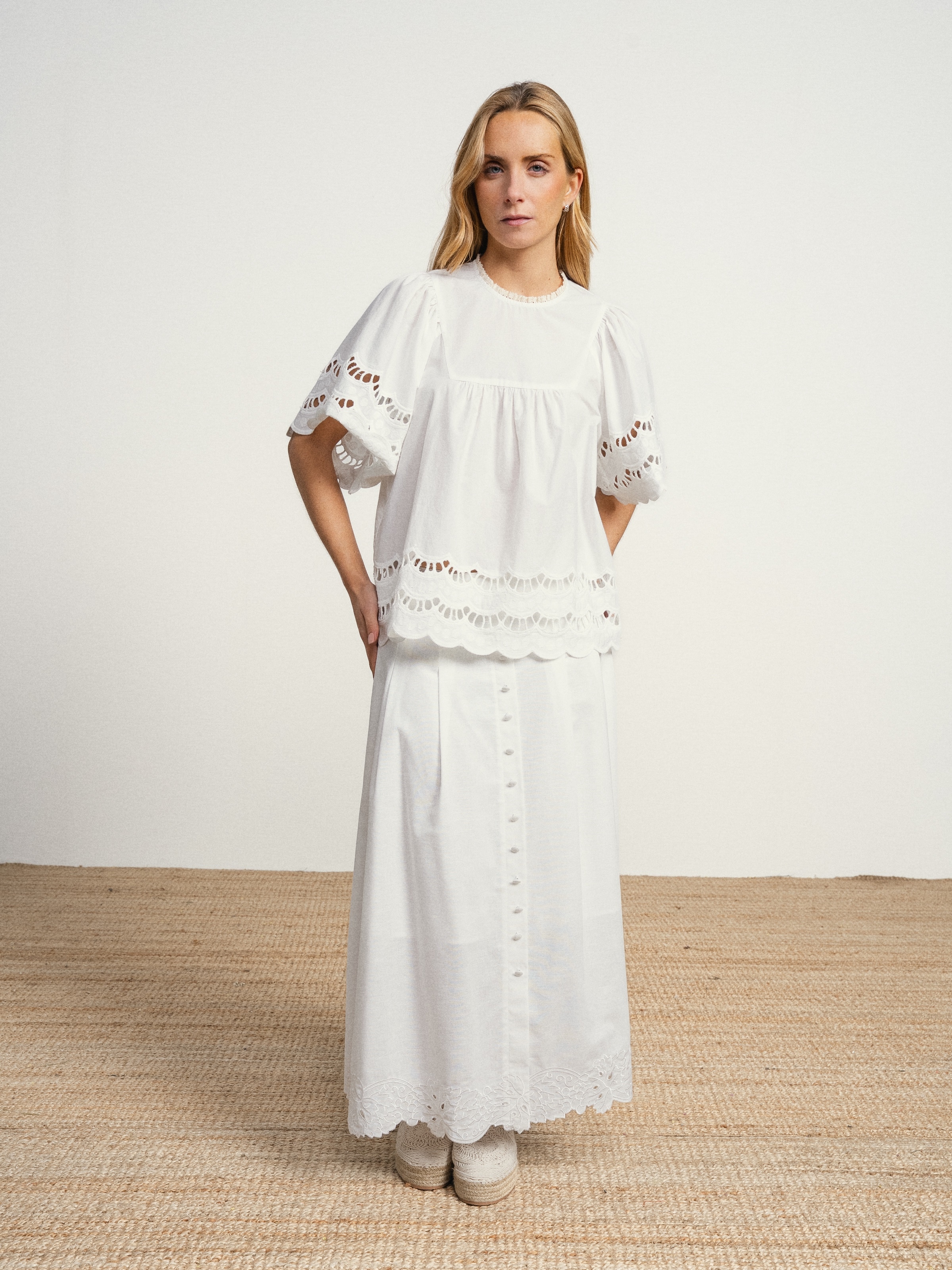 Blusa de algodão com bordado inglês Branco-3