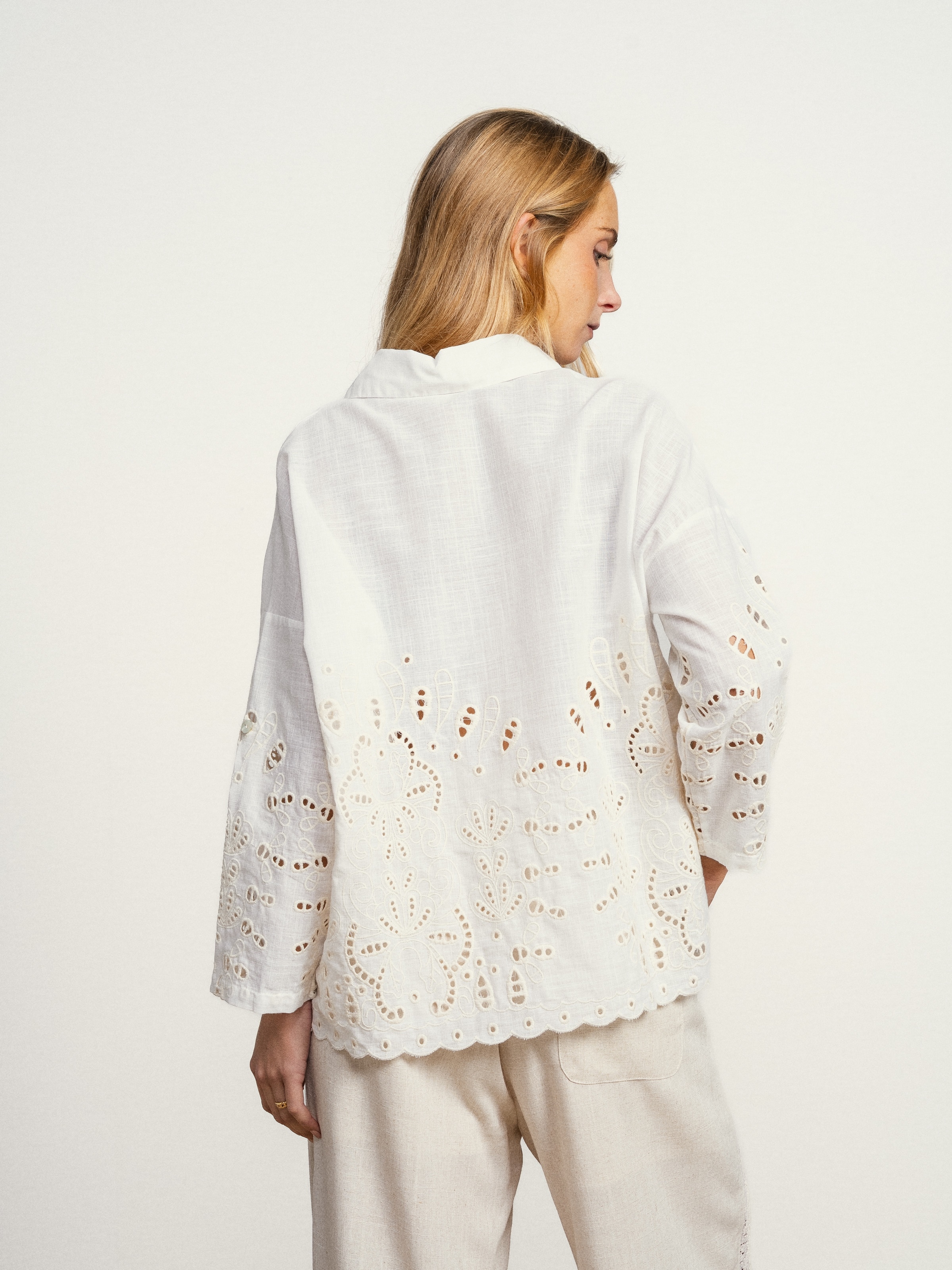 Camisa de algodão com bordados Branco-4