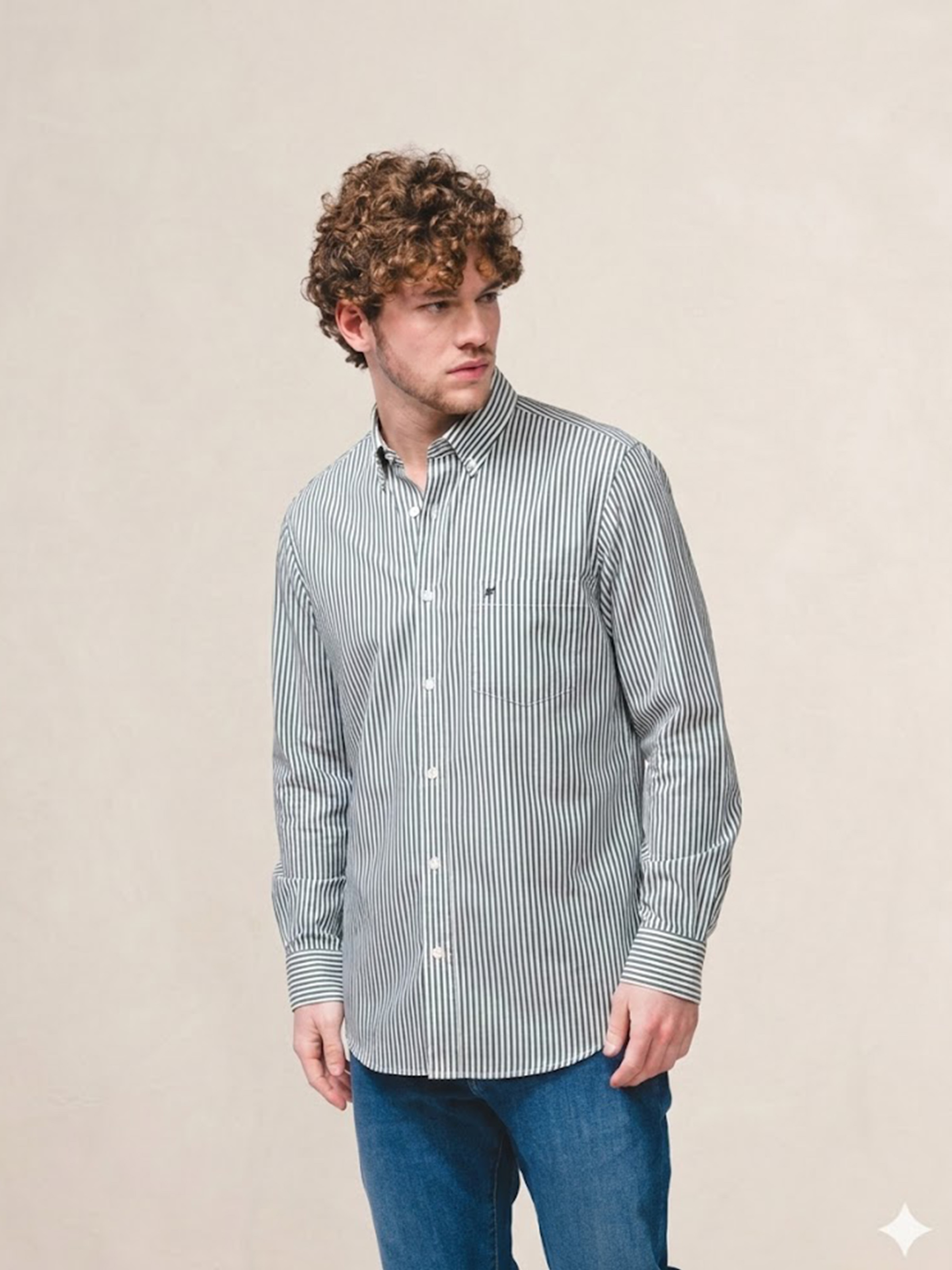Camisa com algodão às riscas Verde-3
