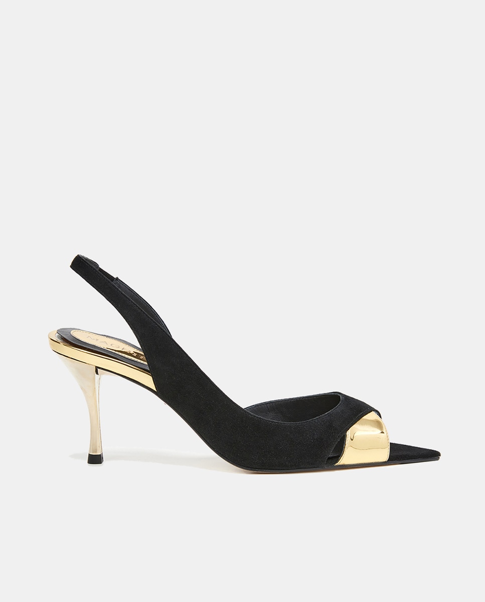 Imagen 0 de Sandalia peep-toe ante negro y detalles doradas