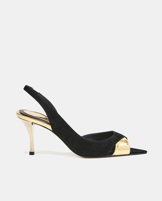 Imagen 0 de Sandalia peep-toe ante negro y detalles doradas