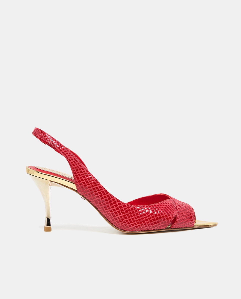 Imagen 0 de Sandalia peep-toe piel grabada rojo y detalles doradas