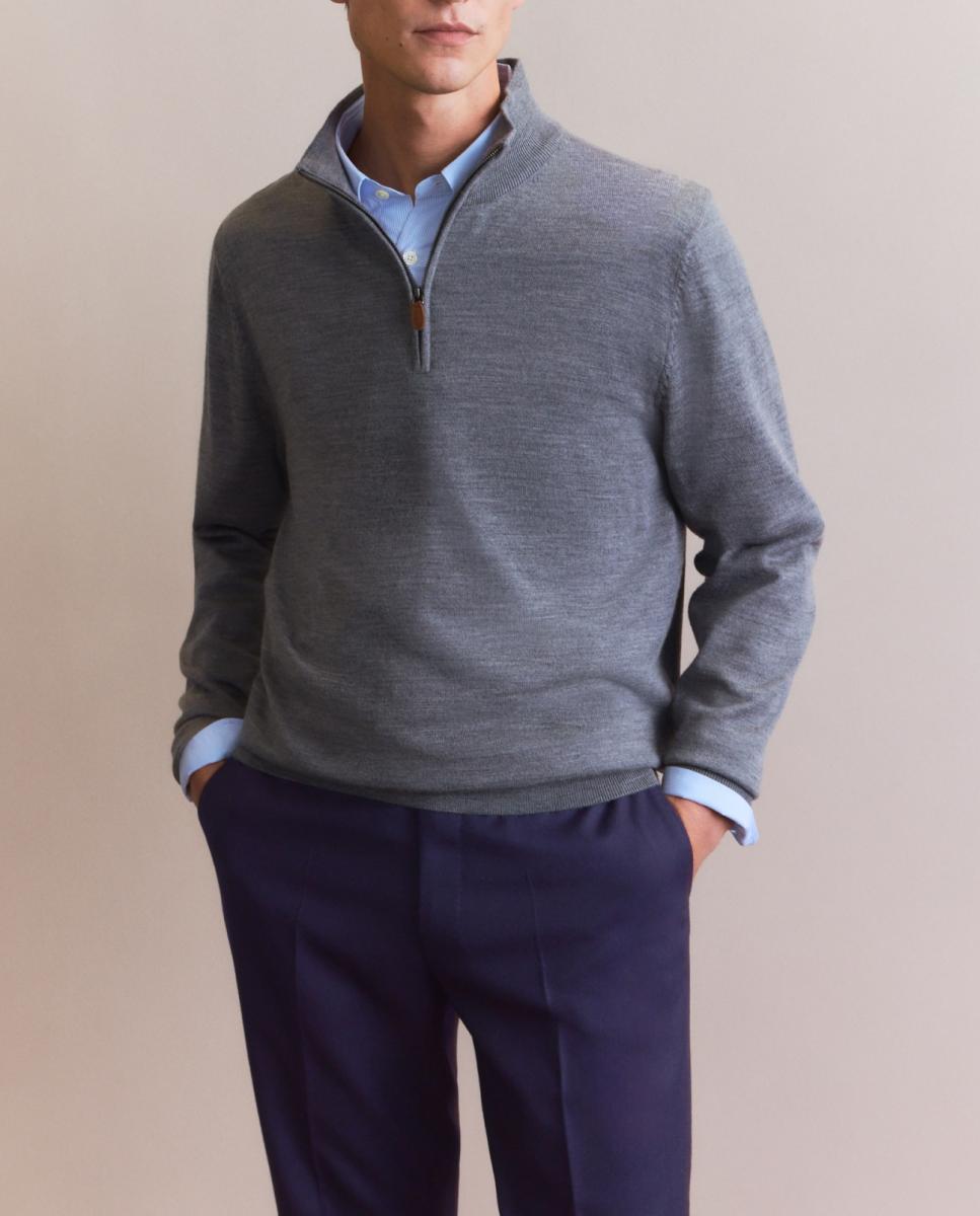Imagen 0 de Jersey de hombre cuello semicisne con cremallera liso 100% Merino