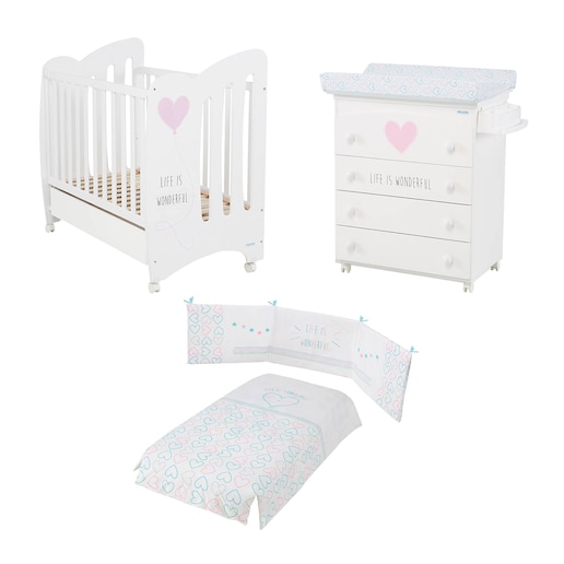 Imagen 0 de Pack Micuna Wonderful: Cuna (60 x 120 cm.) + Mueble Bañera + Nórdico + Protector blanco/rosa