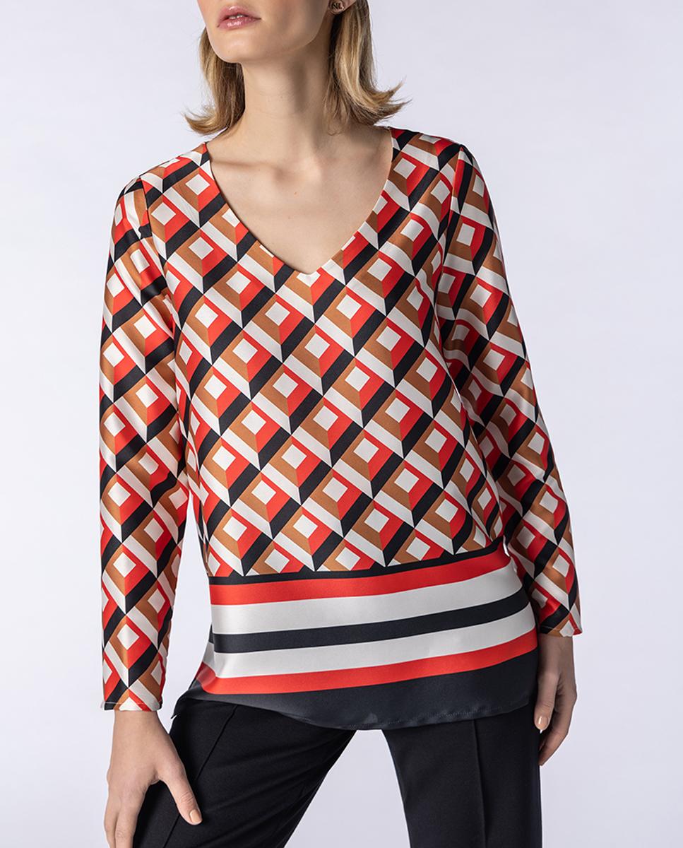 Imagen 0 de Blusa con estampado geométrico de manga larga y cuello pico