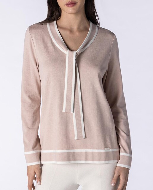 Imagen 0 de Jersey de mujer de punto liso con vivos a contraste de manga larga y cuello redondo con lazo